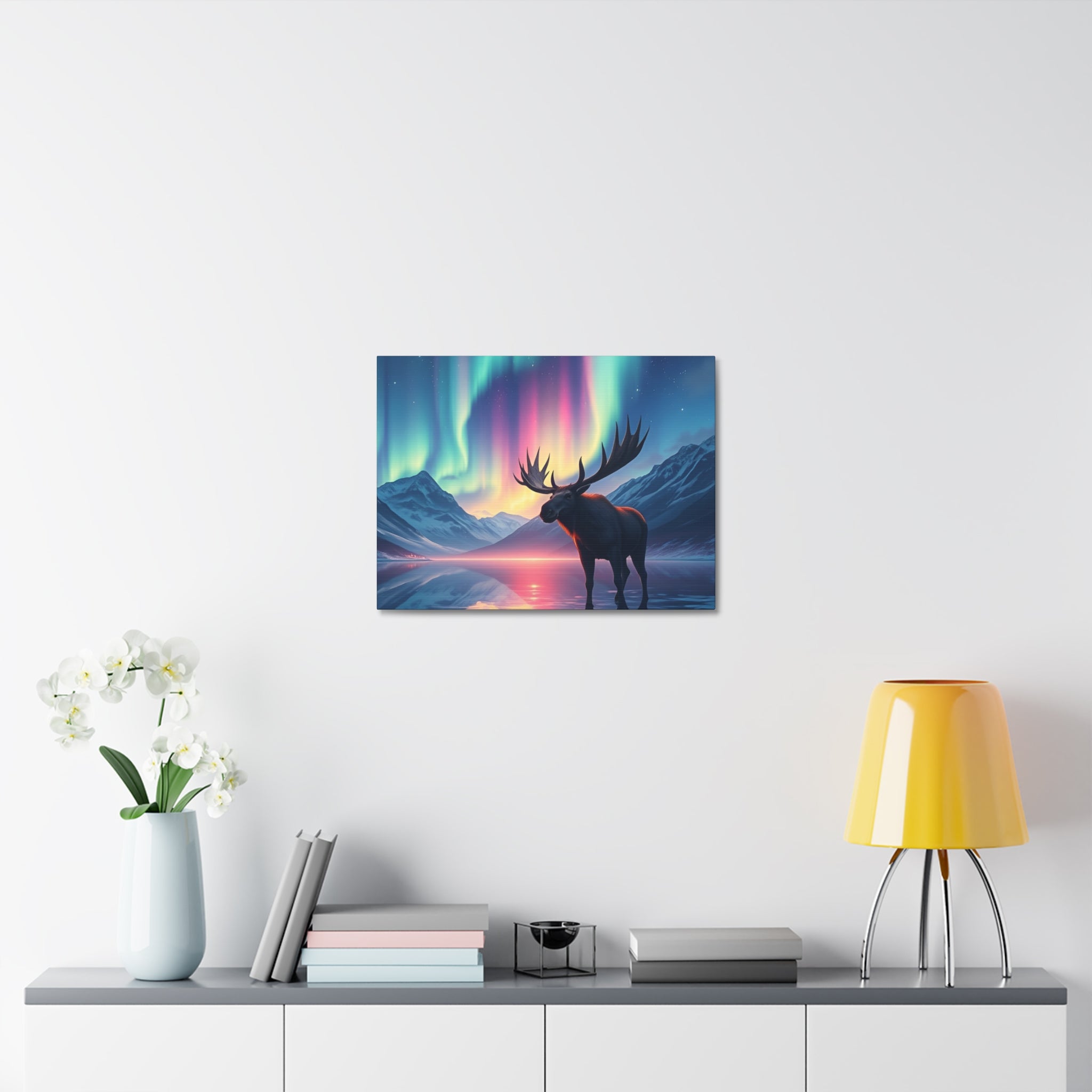 Aurora Moose Stretched Canvas – Northern Lights Landscape Wall Art