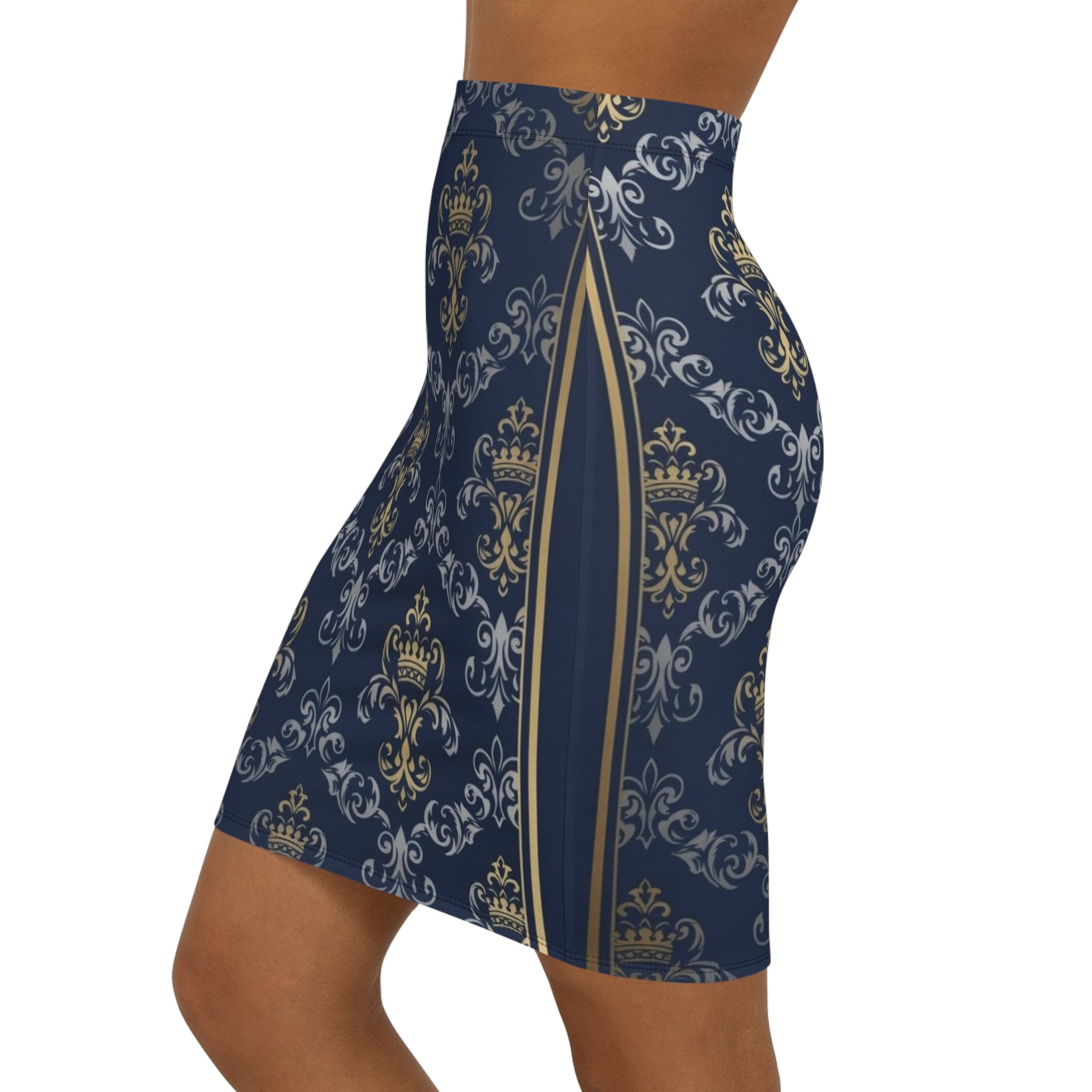 Navy Gold Baroque Pencil Skirt — Regal Crown Damask Print