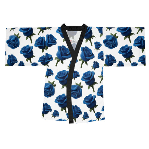 Blue Rose Kimono Robe — Long Sleeve Floral Lounge Wrap