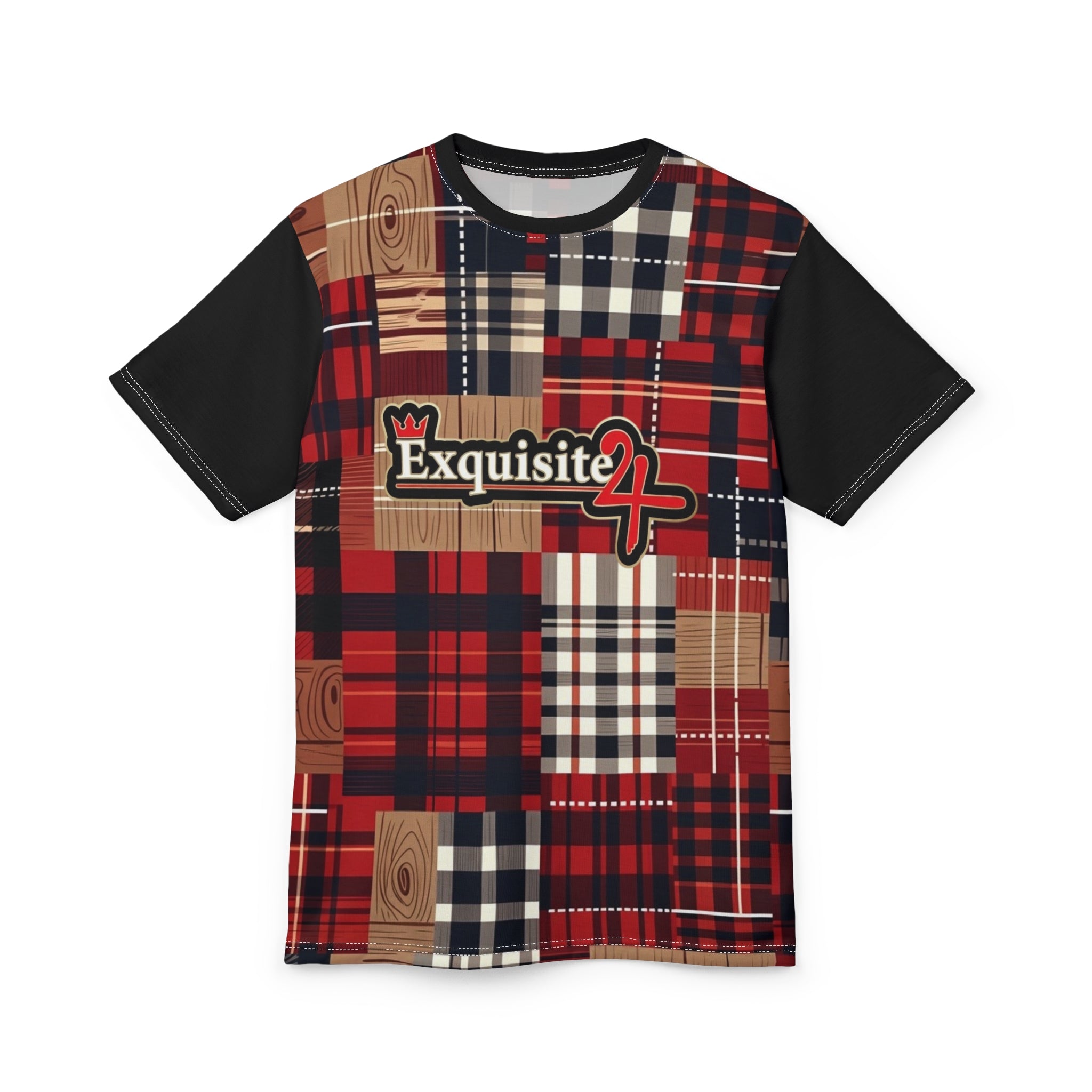 Exquisite 24 Plaid Patchwork Tee — Red Plaid All-Over Print Shirt