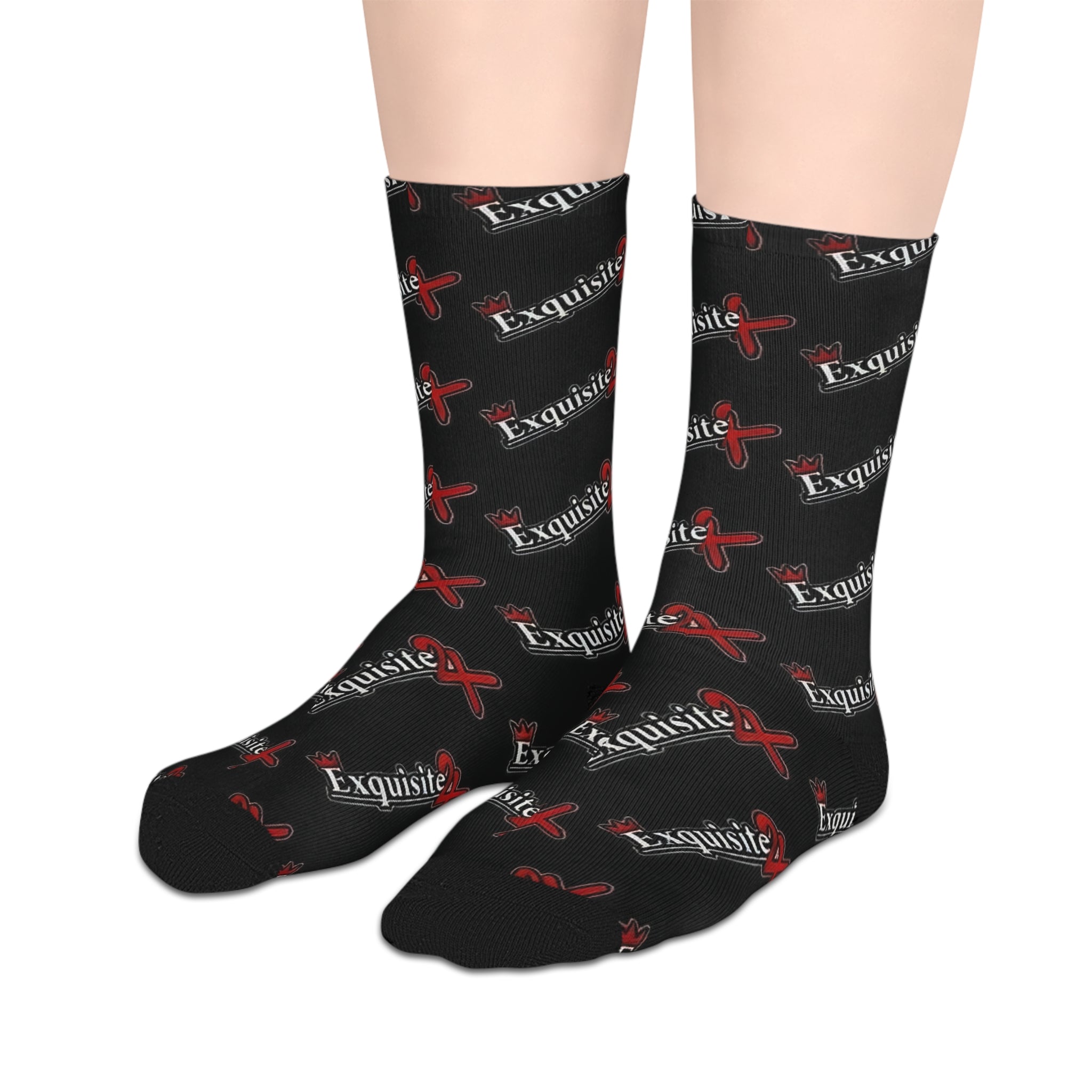 Exquisite 24 Black Logo Mid-Length Socks — Branded Streetwear Crew Socks