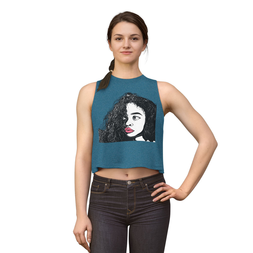 Artistic Curly Hair Woman Crop Top — Graphic Portrait Tank with Pink Lips