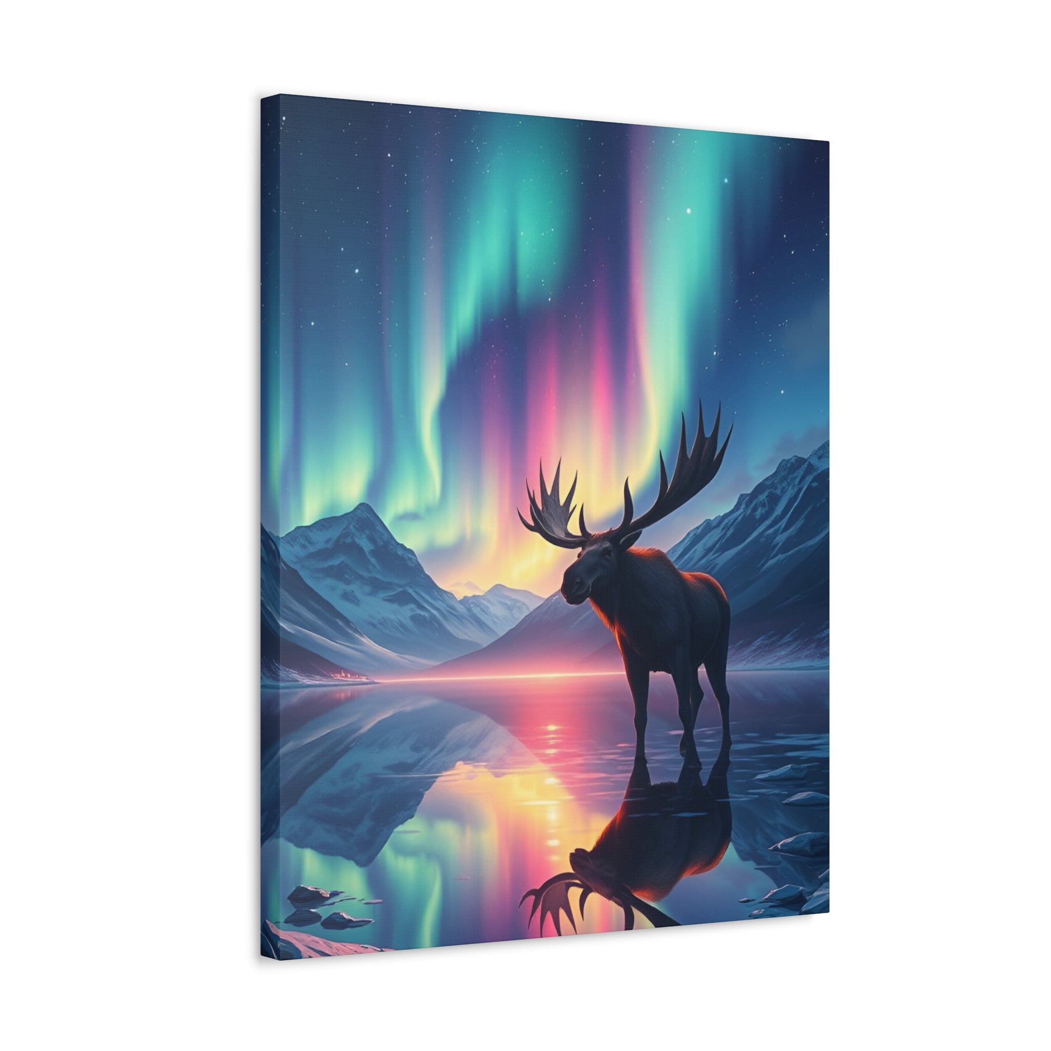Aurora Moose Stretched Canvas – Northern Lights Landscape Wall Art