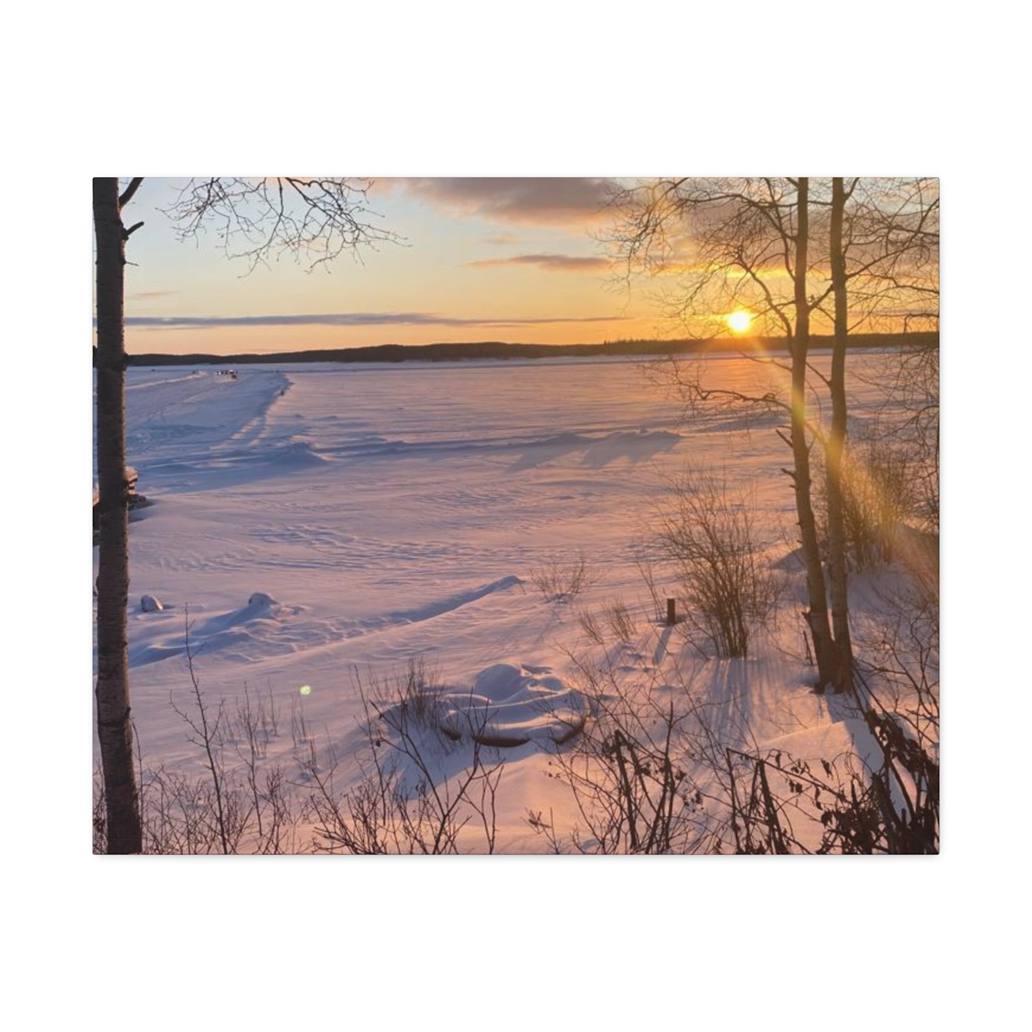 Sunset over Frozen Lake Stretched Canvas Wall Art