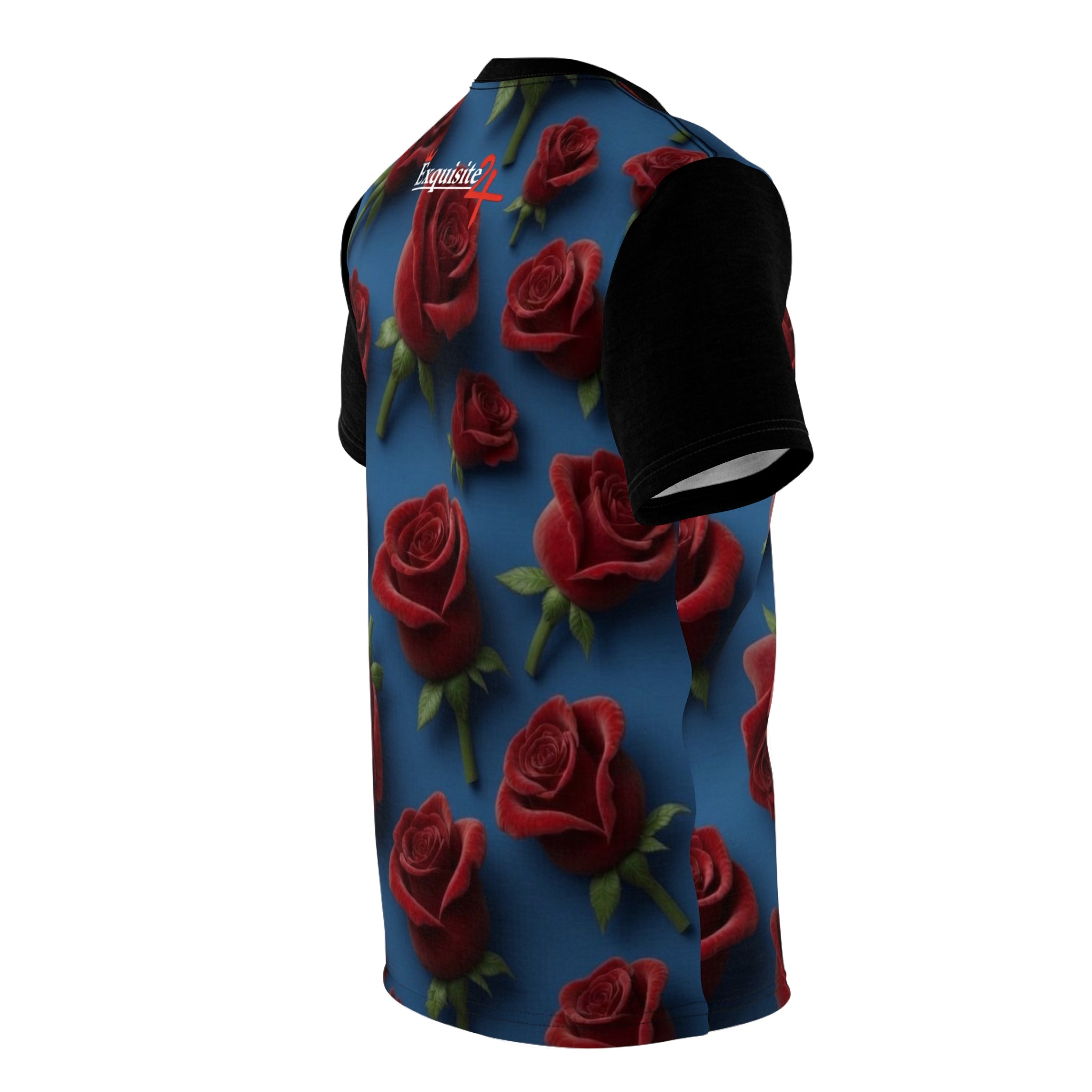 Red Rose Pattern Tee — All-Over Print Floral Blue T-Shirt
