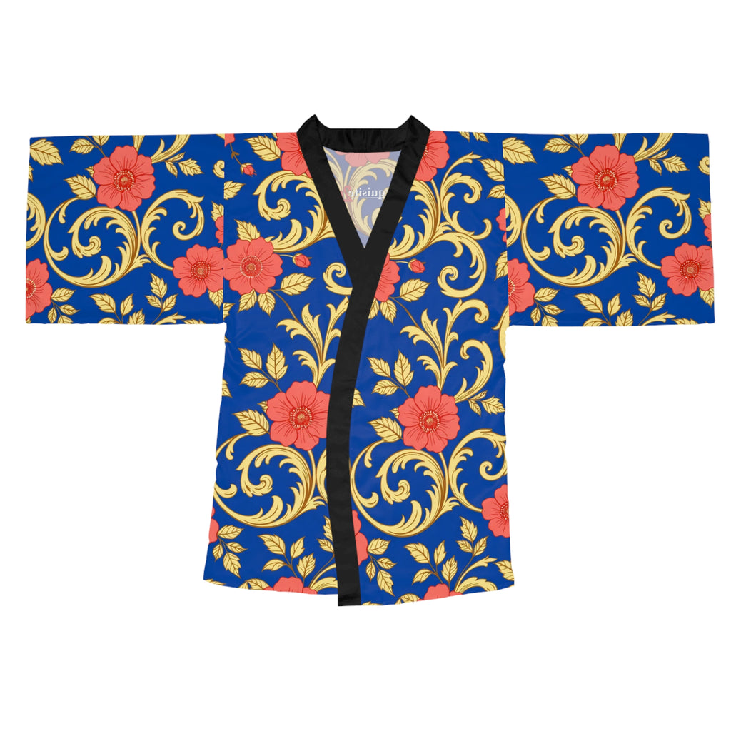 Floral Baroque Kimono Robe - Blue & Gold All-Over Print