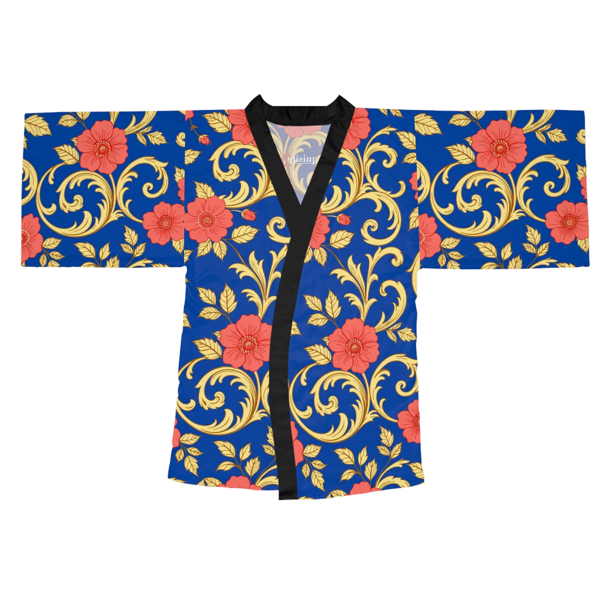 Floral Baroque Kimono Robe - Blue & Gold All-Over Print