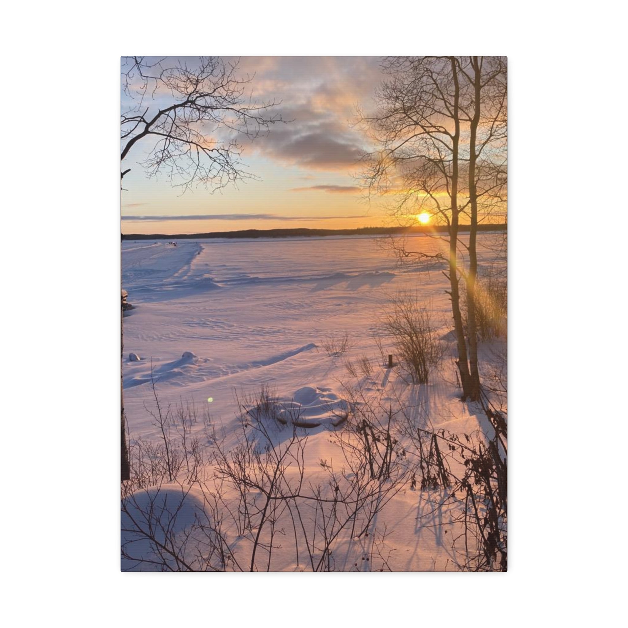 Sunset over Frozen Lake Stretched Canvas Wall Art