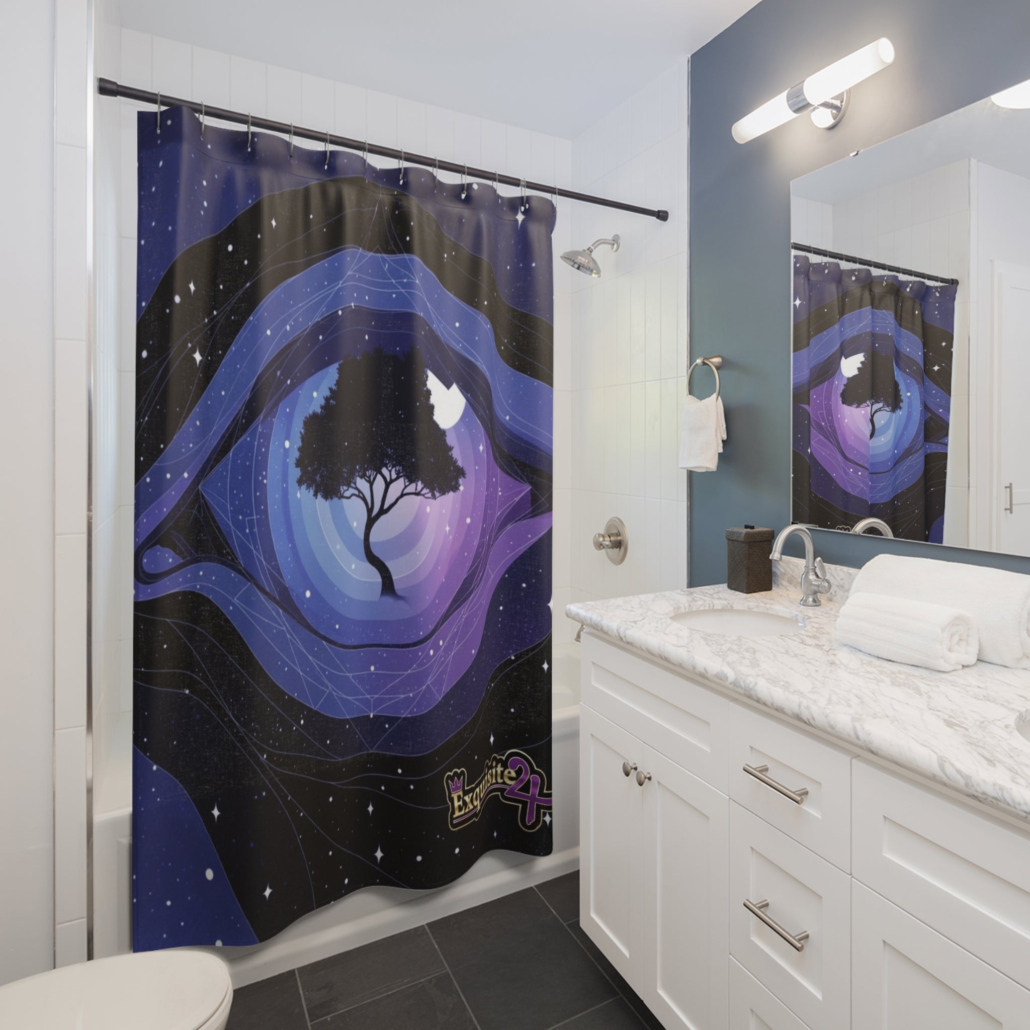 Mystic Night Tree Shower Curtain — Celestial Galaxy Bathroom Decor