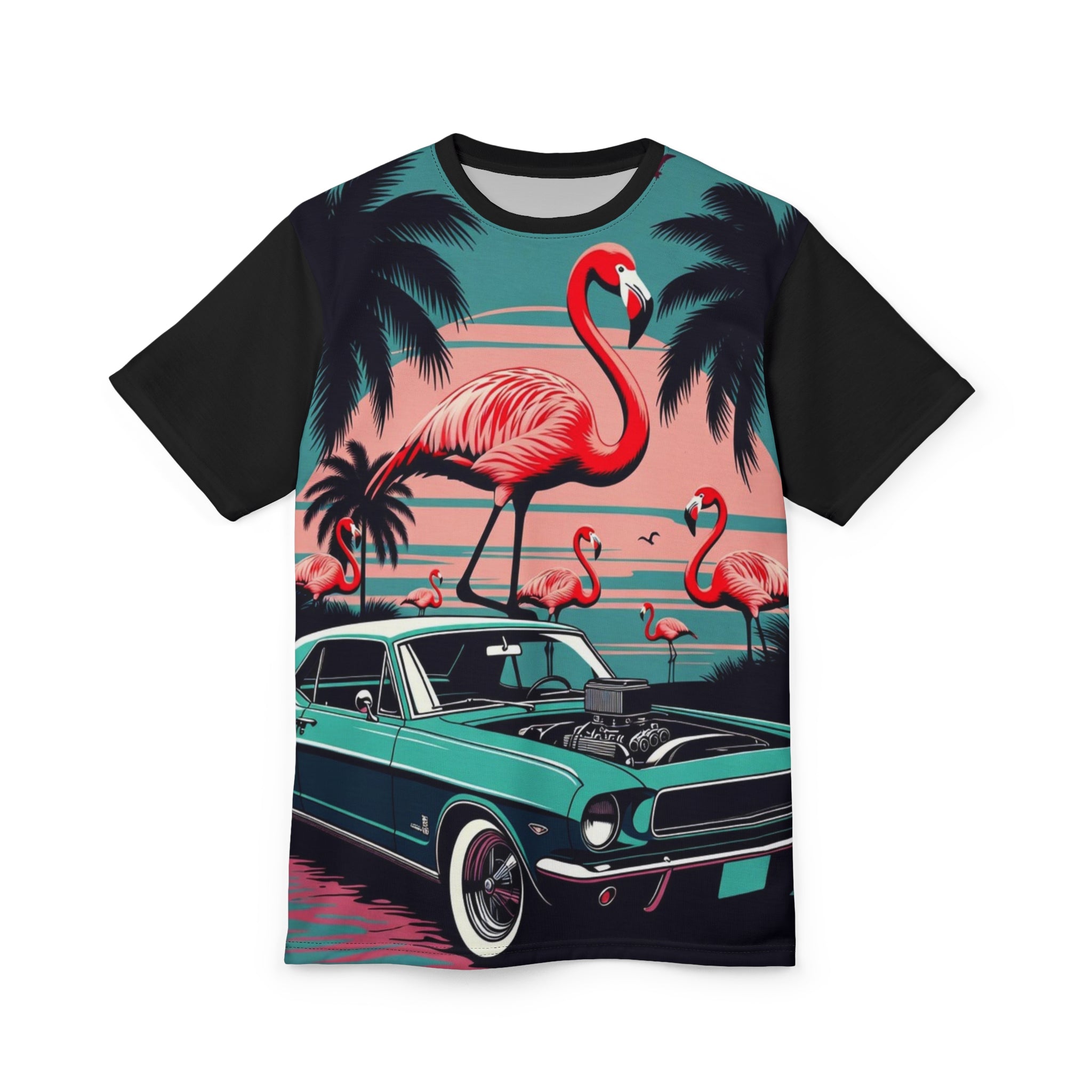 Retro Flamingo Muscle Car Tee — Vintage Tropical Sunset All-Over Print Shirt