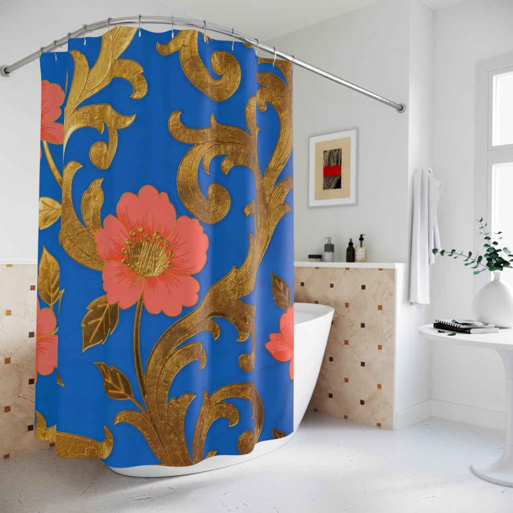 Floral Gold Scroll Shower Curtain — Blue & Coral Botanical Bathroom Decor