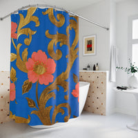 Floral Gold Scroll Shower Curtain — Blue & Coral Botanical Bathroom Decor