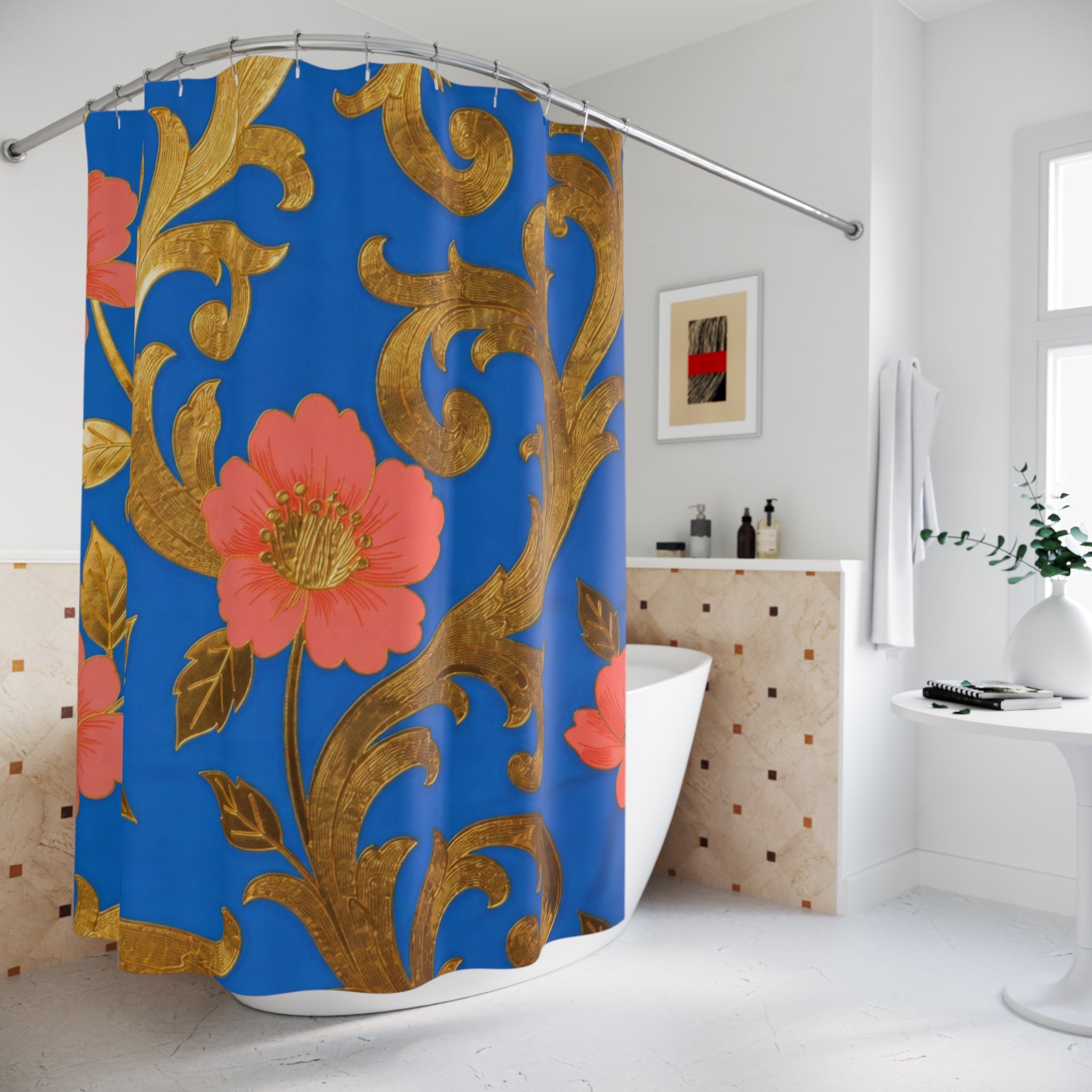 Floral Gold Scroll Shower Curtain — Blue & Coral Botanical Bathroom Decor