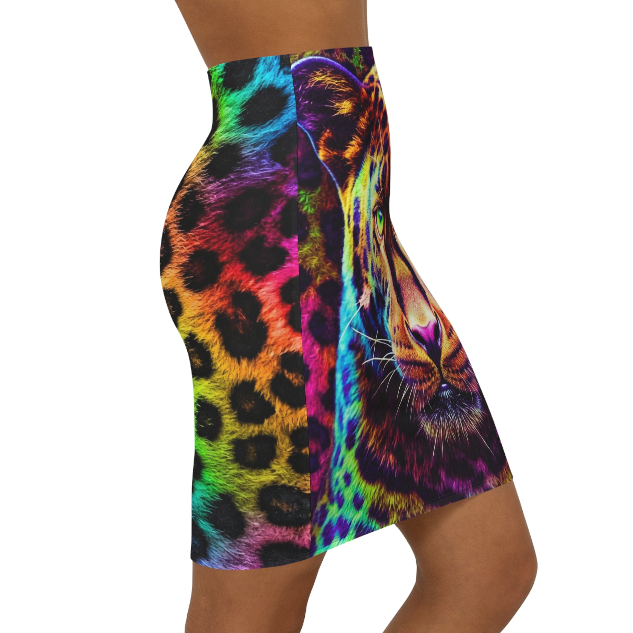 Leopard Gaze Midi Pencil Skirt — Neon Rainbow Animal Print