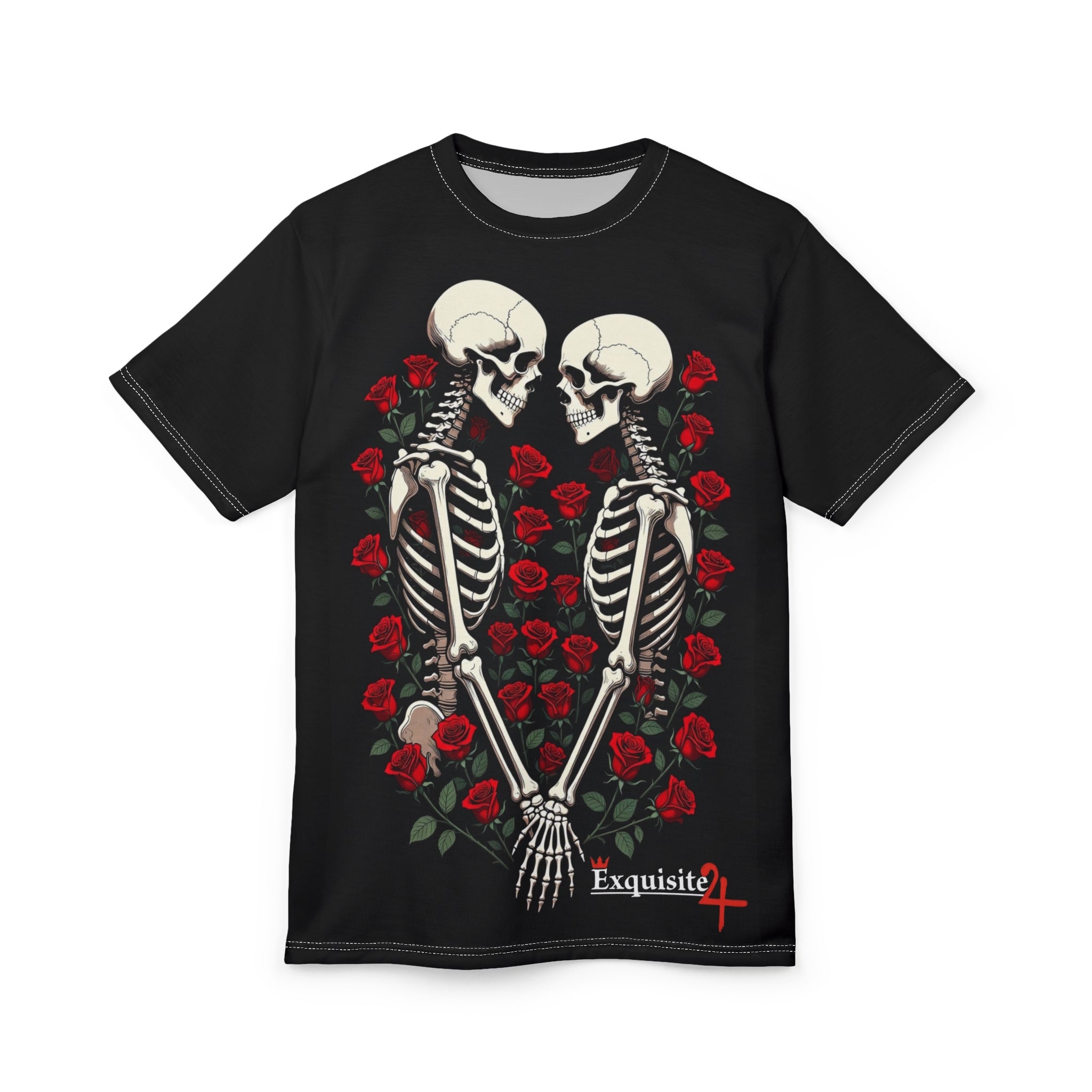 Skeleton Lovers Tee — Romantic Rose Skull Heart Graphic T-Shirt