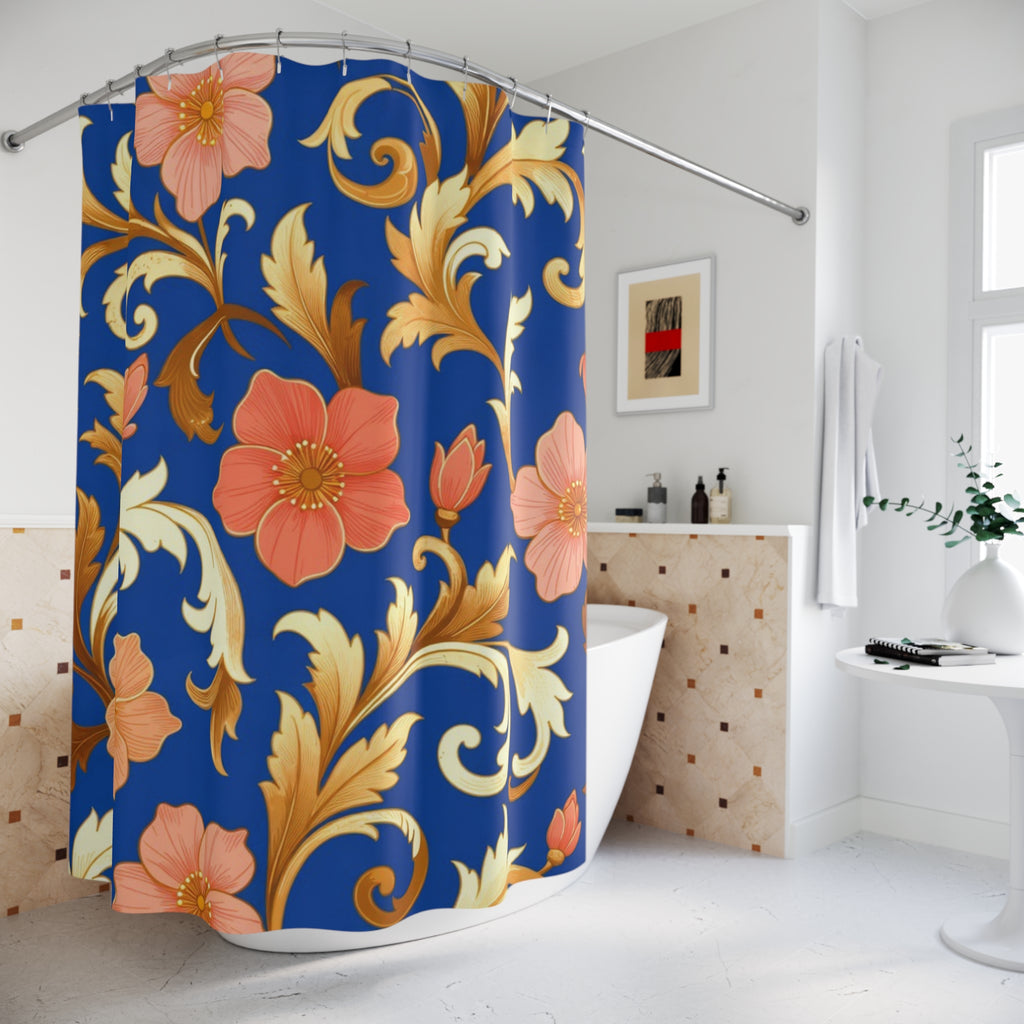 Elegant Blue Floral Shower Curtain — Gold Scroll & Peach Blooms