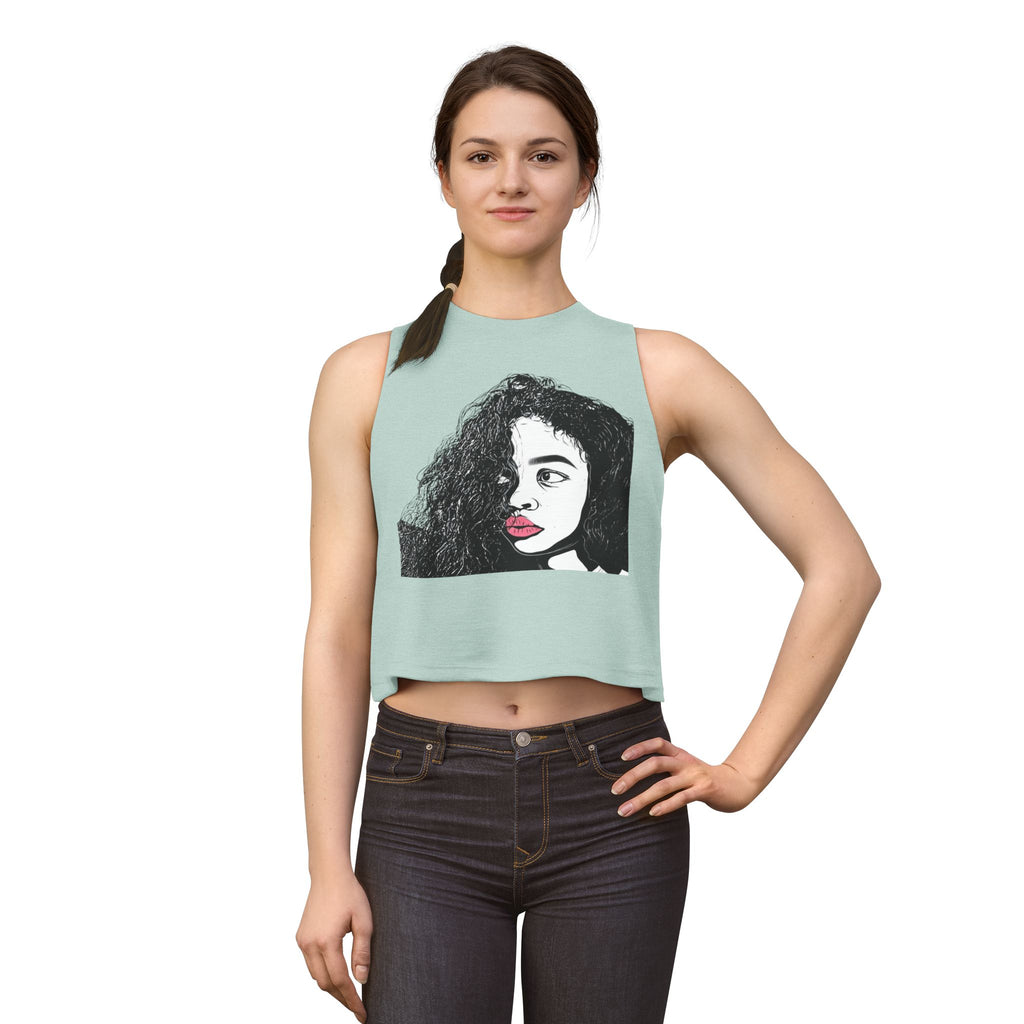 Artistic Curly Hair Woman Crop Top — Graphic Portrait Tank with Pink Lips
