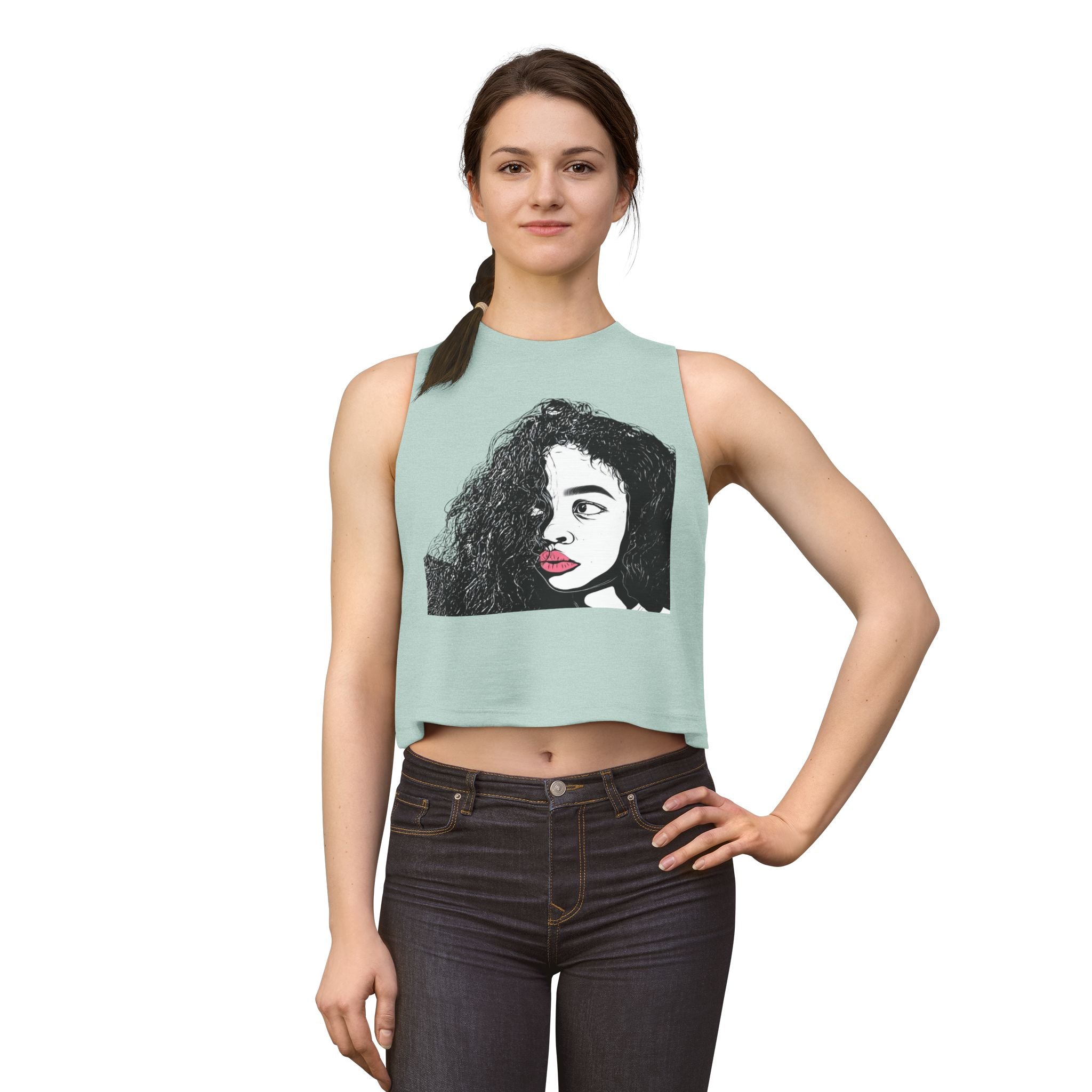 Artistic Curly Hair Woman Crop Top — Graphic Portrait Tank with Pink Lips