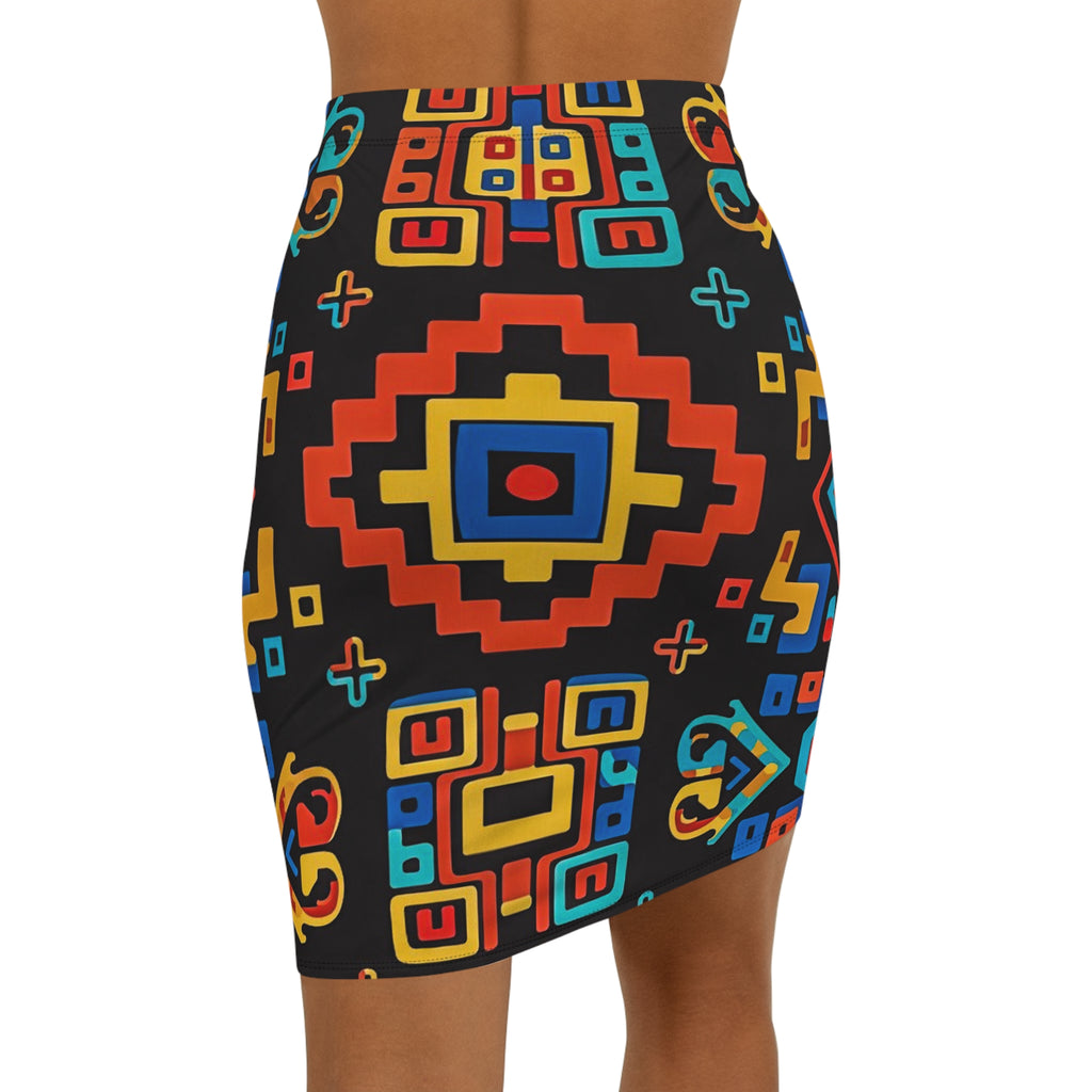 Bold Aztec Geo Pencil Skirt — Colorful Tribal Print Mid‑Waist Skirt