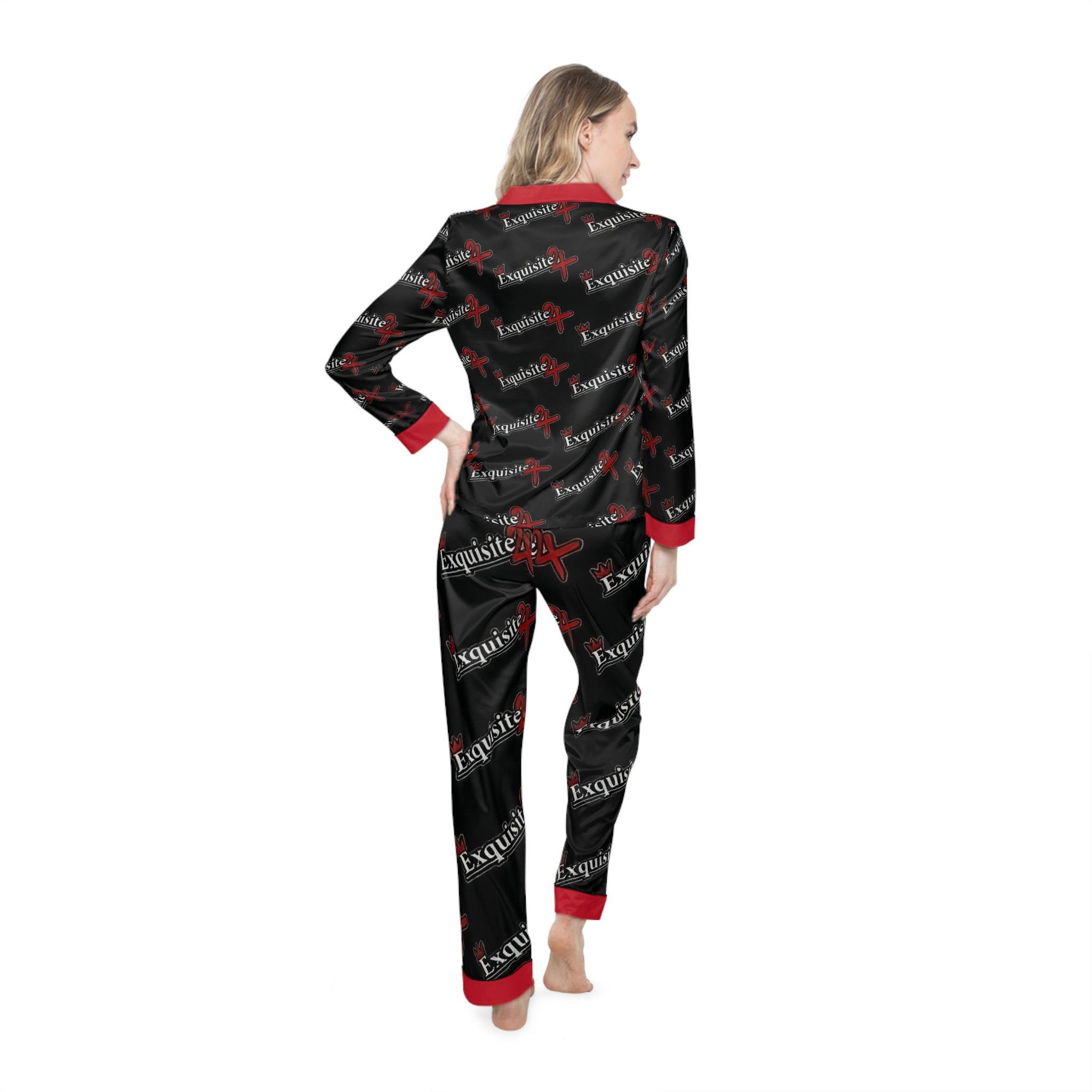 Satin Pajamas - Black & Red 'Exquisite 24' Printed Women's Sleep Set