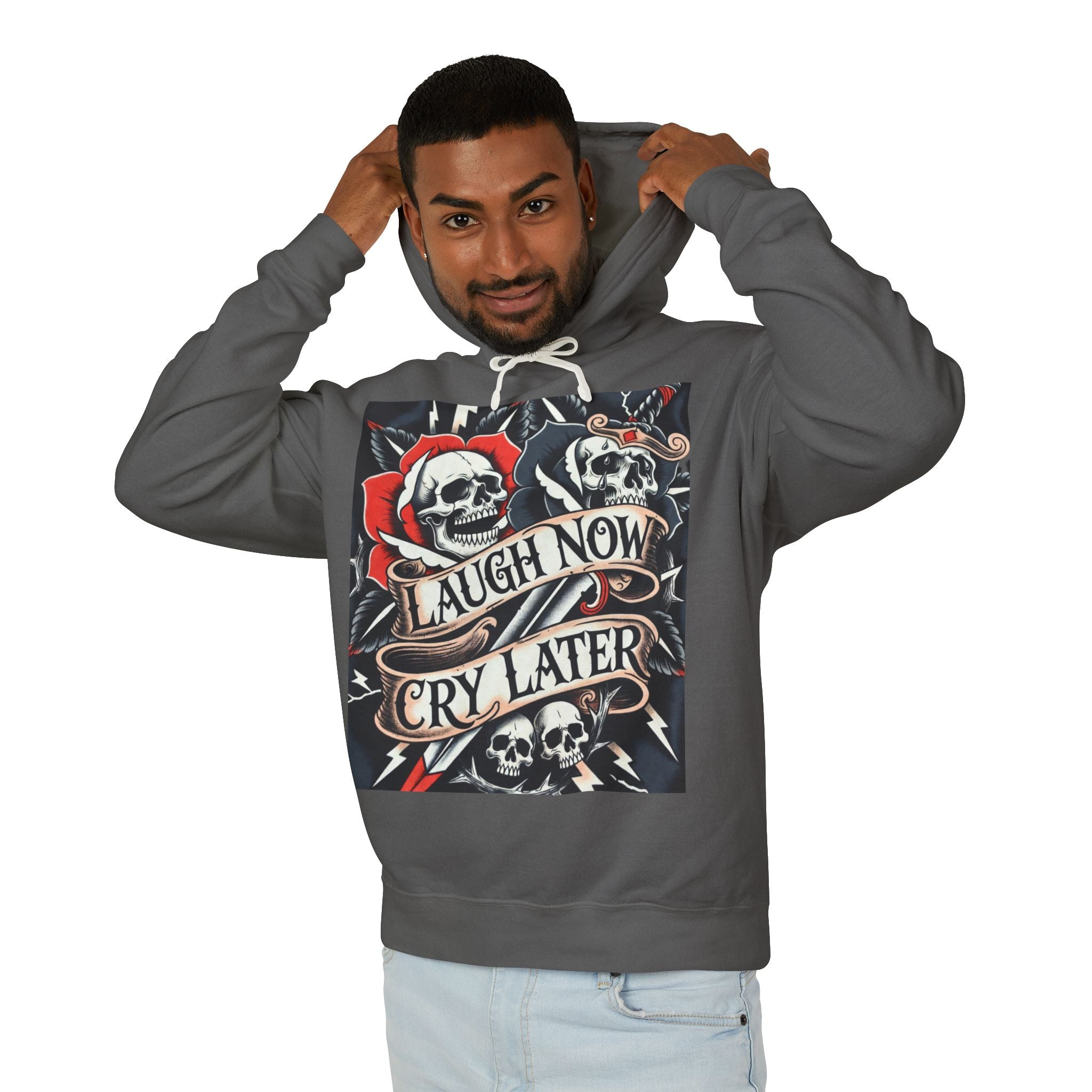 Laugh Now Cry Later Skull Hoodie — Vintage Rose Graphic
