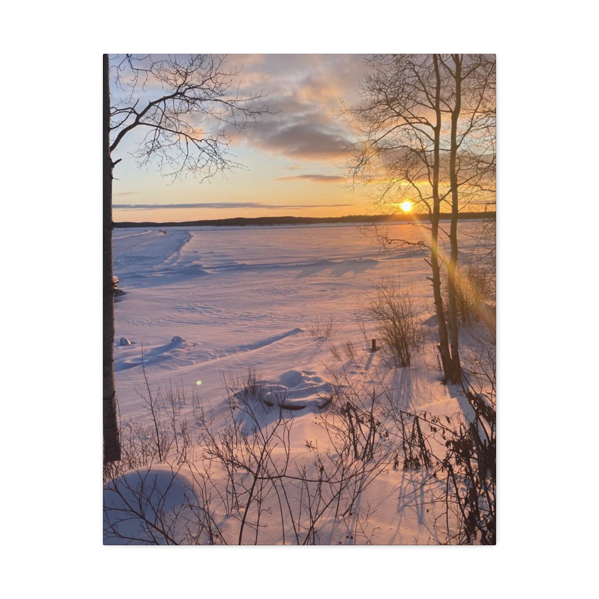 Sunset over Frozen Lake Stretched Canvas Wall Art