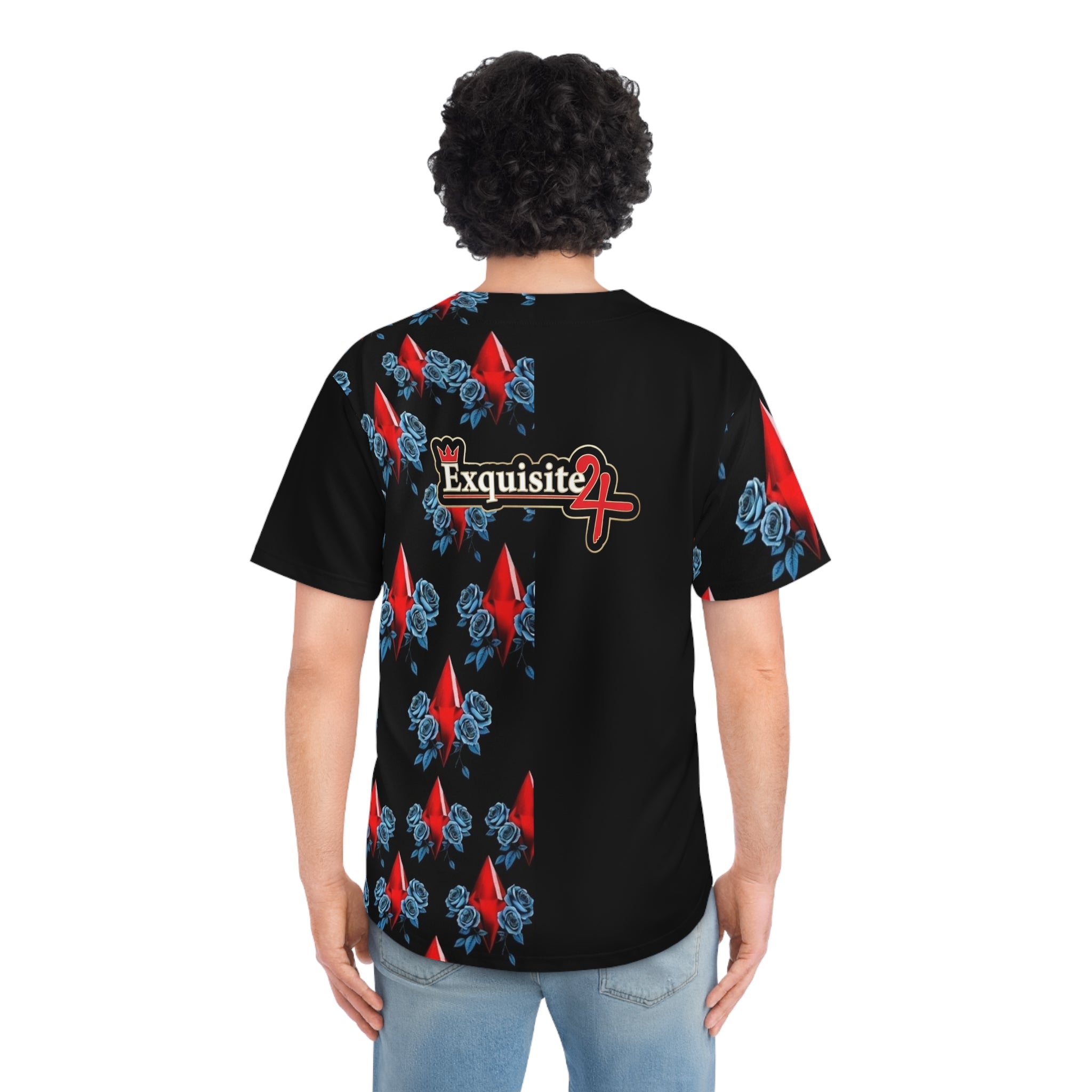 Baseball Jersey - Exquisite Red Diamond & Blue Roses Graphic