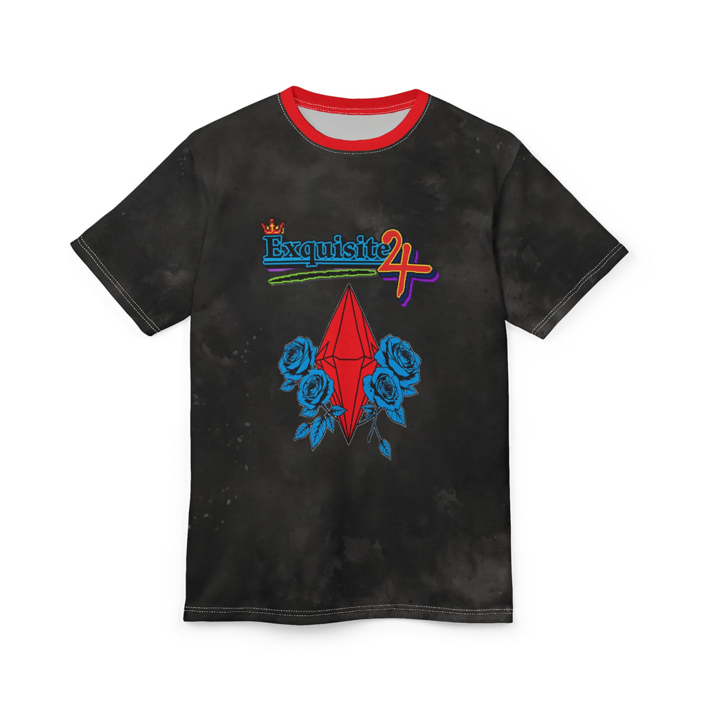 Exquisite 24 Retro Graphic Tee — Red Gem & Blue Roses All-Over Print