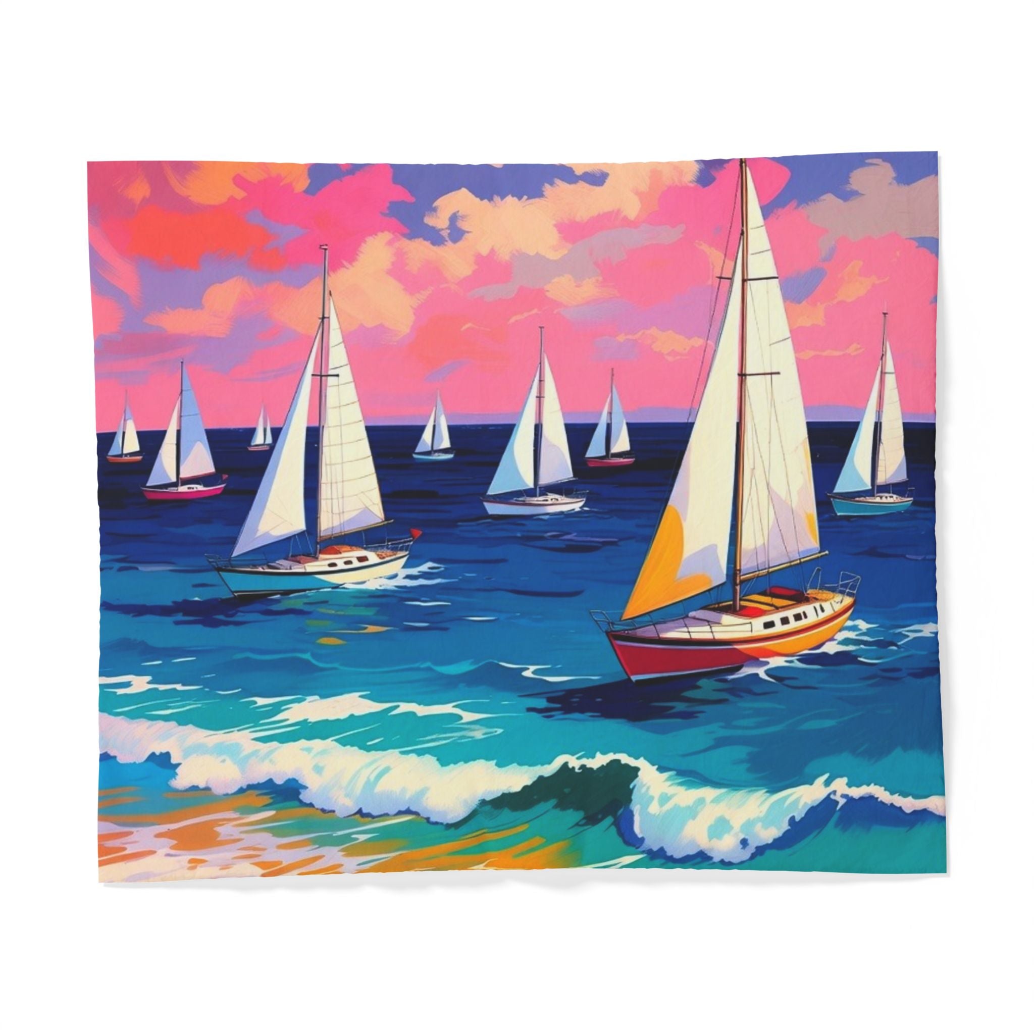 Sailboat Seascape Cotton Duvet Cover — Colorful Ocean Waves Beach Bedding