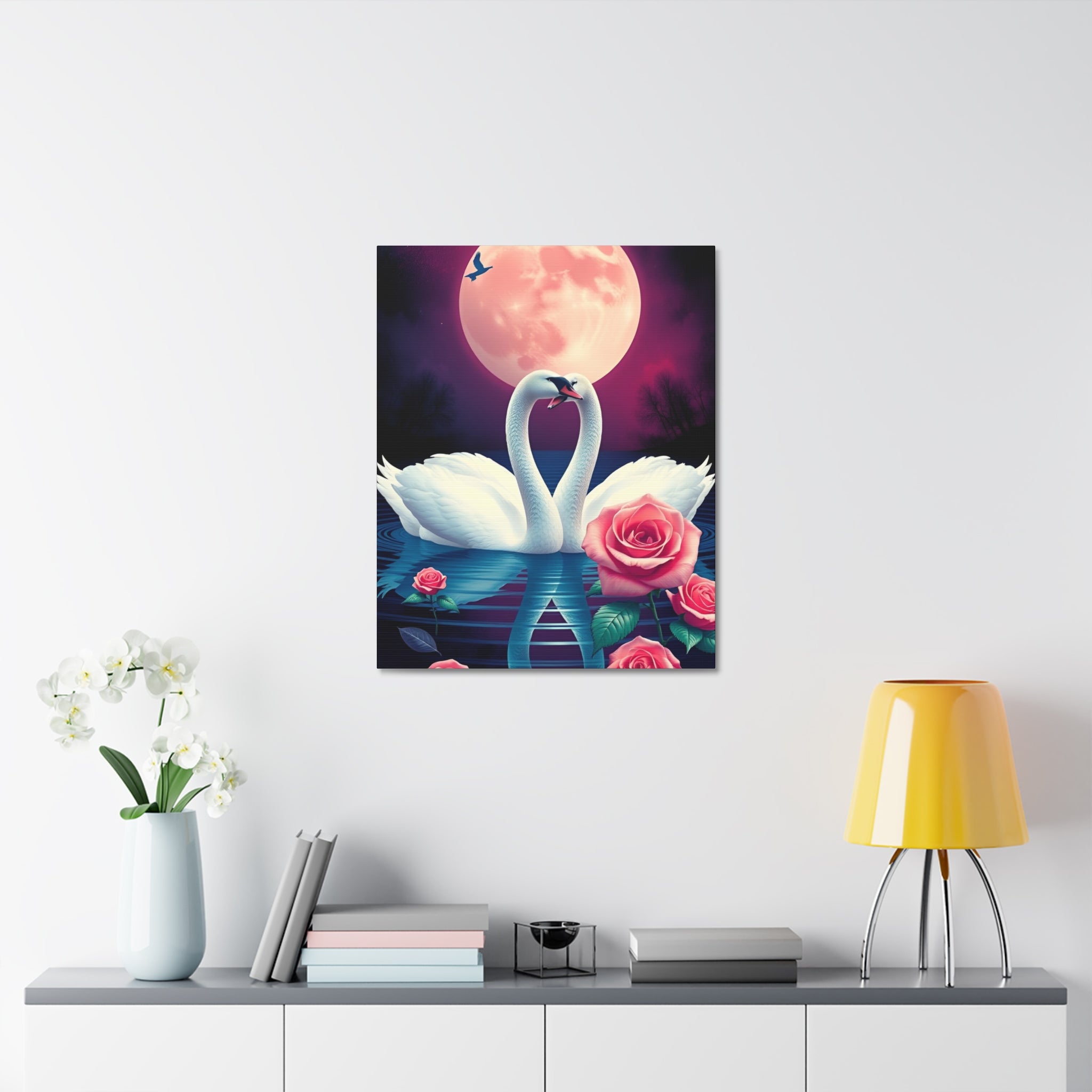 Swan Moon Stretched Canvas – Romantic Rose Lake Wall Art