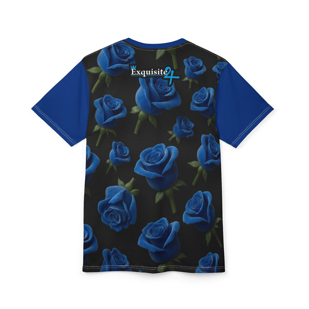 Blue Rose All-Over Print Tee — Floral Black Graphic Shirt