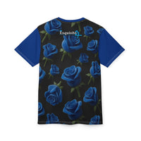 Blue Rose All-Over Print Tee — Floral Black Graphic Shirt