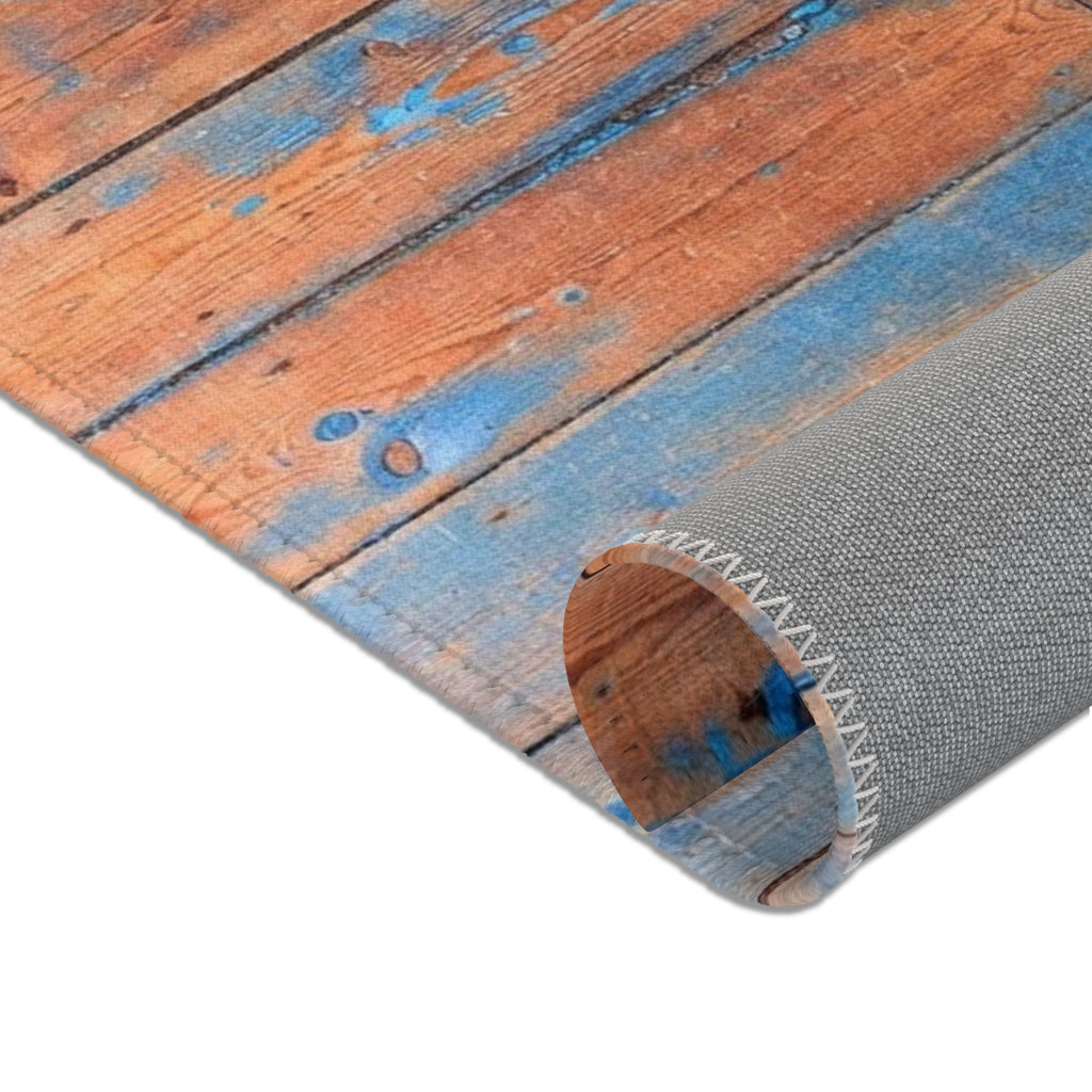 Rustic Blue Patina Wood Area Rug — Distressed Coastal Floor Decor