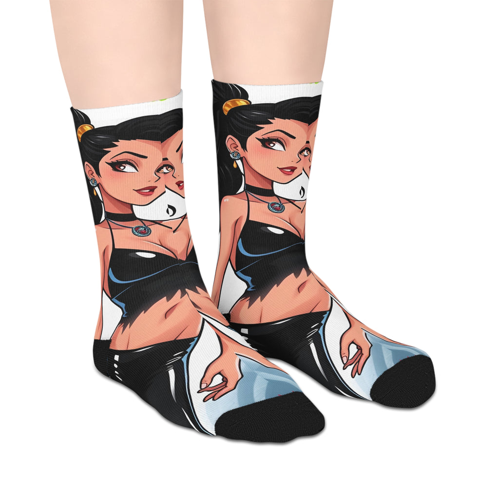 Mid-Length Socks — Vintage Pinup Twin Girls Graphic Crew Socks