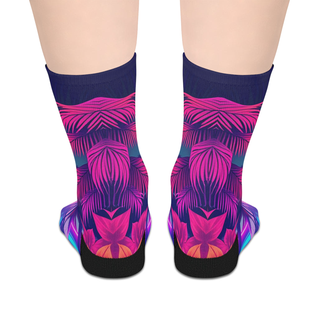 Psychedelic Neon Palm Mid‑Calf Socks — Retro Vaporwave Tropical Design