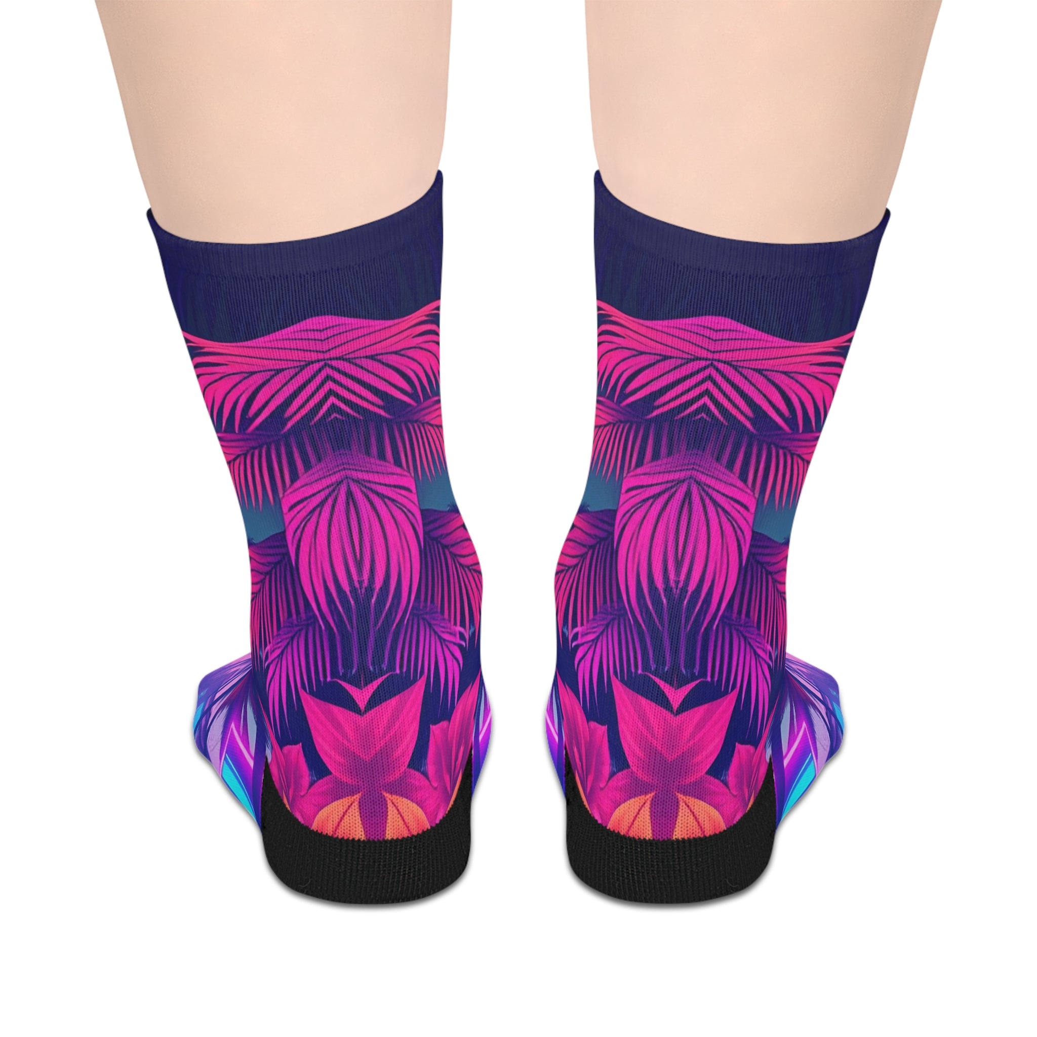 Psychedelic Neon Palm Mid‑Calf Socks — Retro Vaporwave Tropical Design