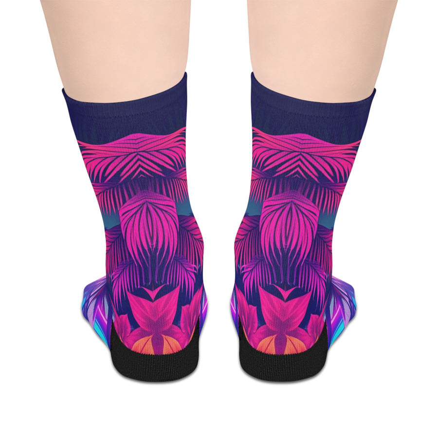 Vaporwave Neon Palm Mid‑Calf Socks