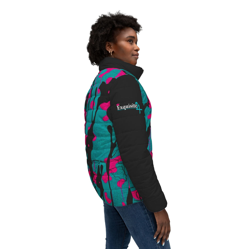 Women’s Pink and Teal Paint Splatter Puffer Jacket