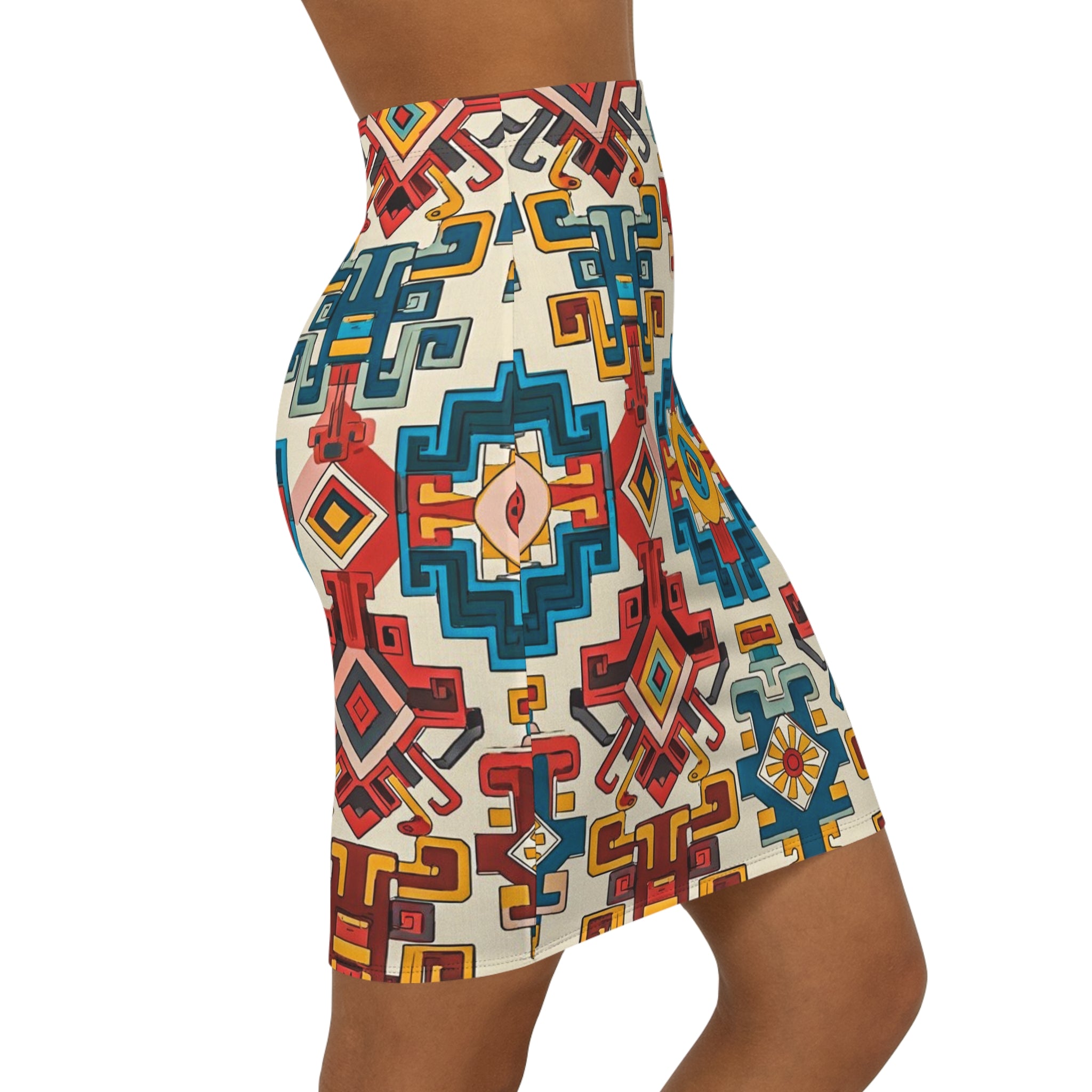 Boho Aztec Pencil Skirt — Colorful Geometric Print Mid-Waist Skirt