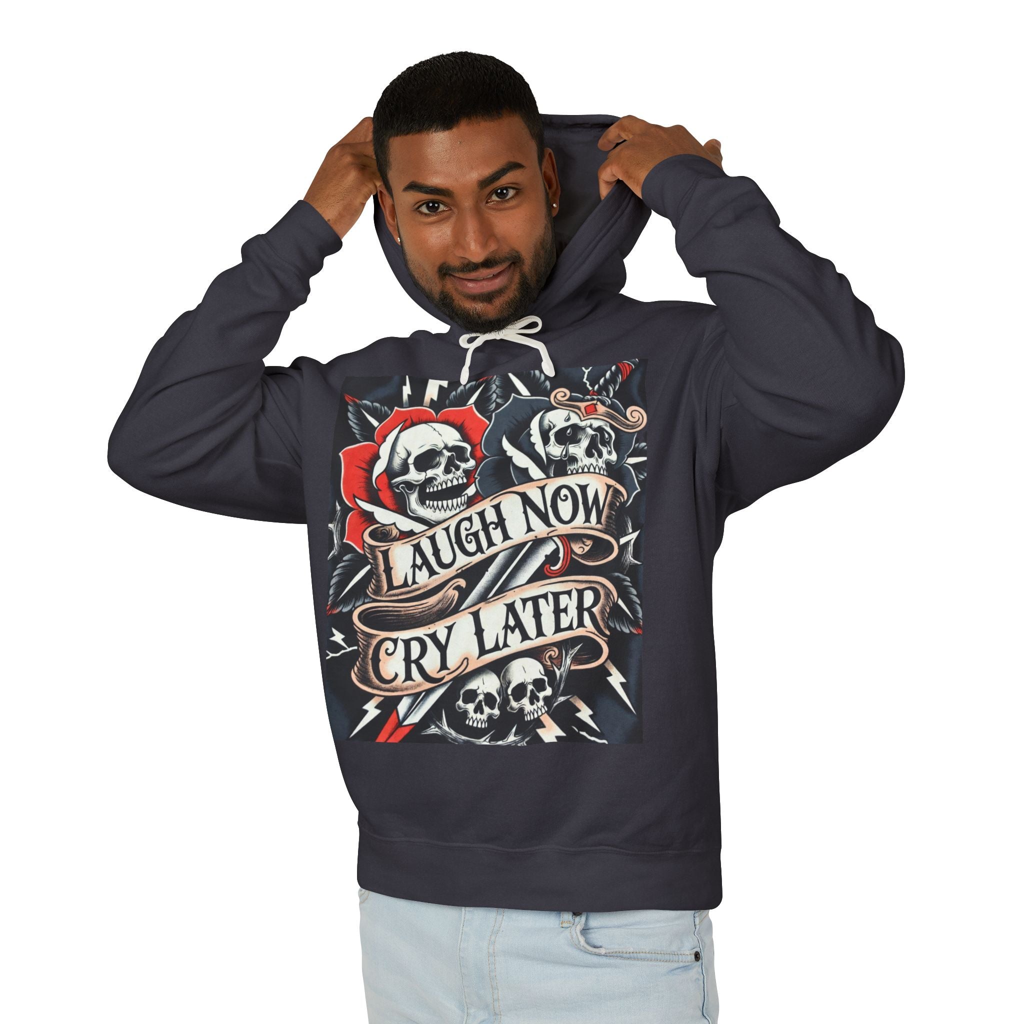 Laugh Now Cry Later Skull Hoodie — Vintage Rose Graphic