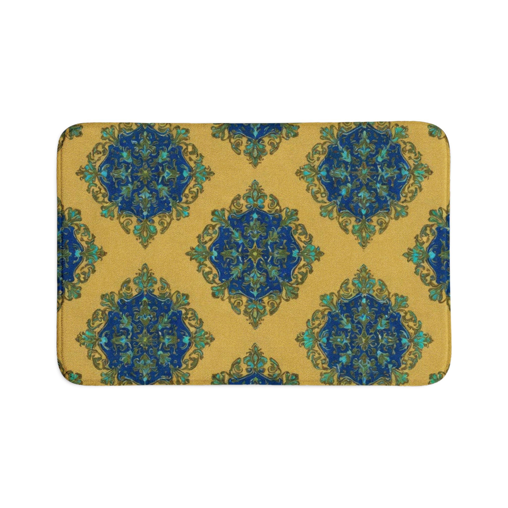 Bathroom Rug Set – Blue & Gold Moroccan Tile 3-Piece Toilet Bath Mat Set