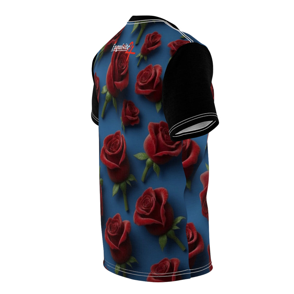 Red Rose Pattern Tee — All-Over Print Floral Blue T-Shirt