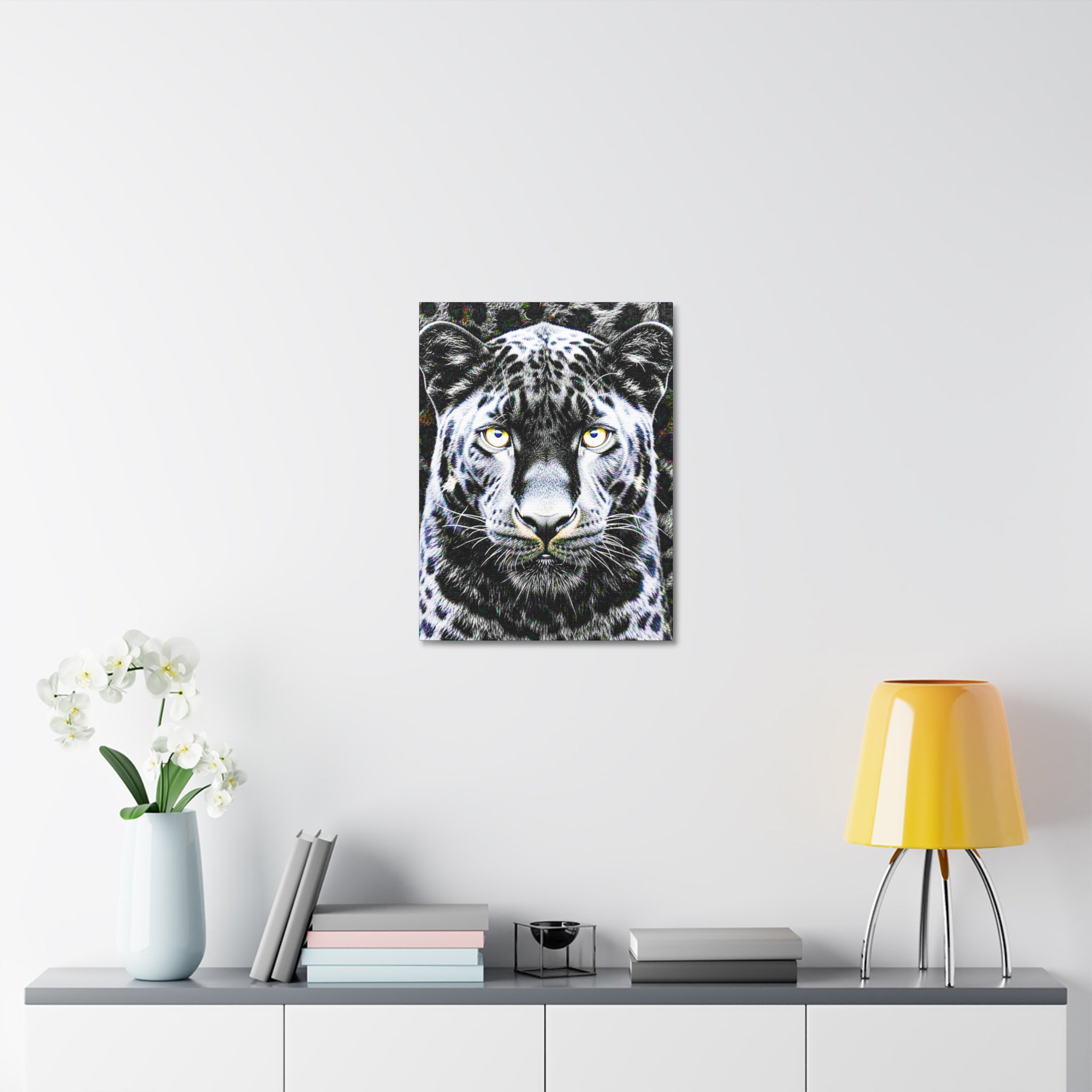 Leopard Portrait Stretched Canvas — Snow Leopard Wall Art with Yellow Eyes