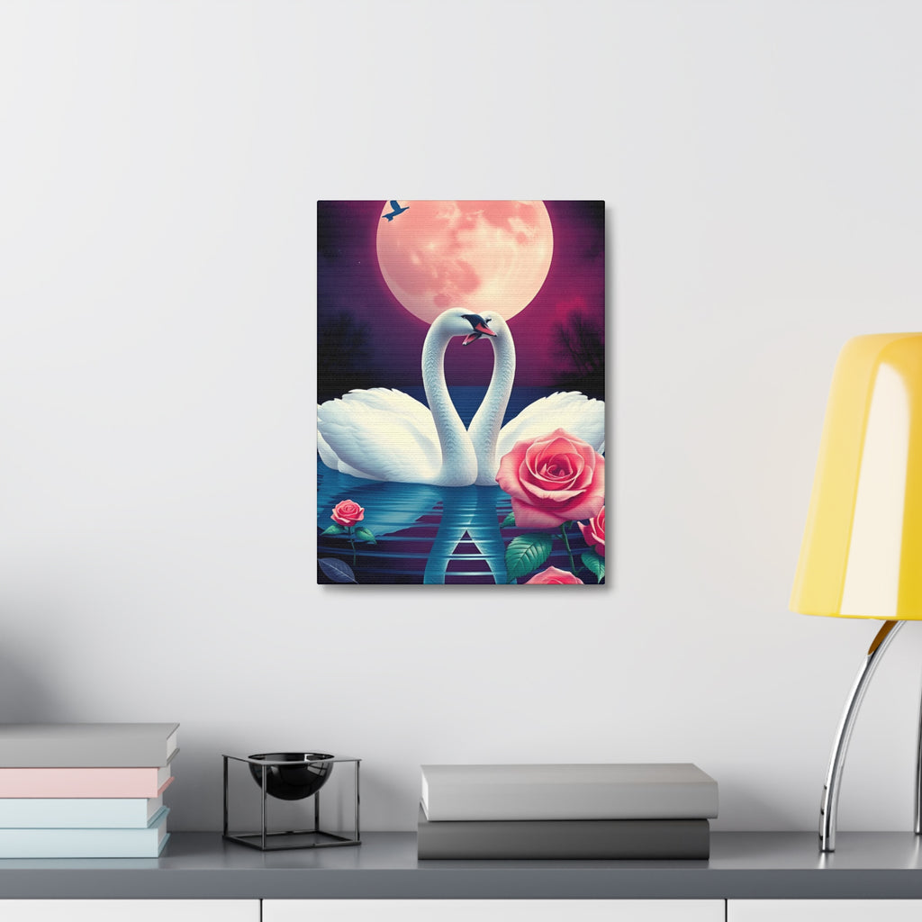 Swan Moon Stretched Canvas – Romantic Rose Lake Wall Art