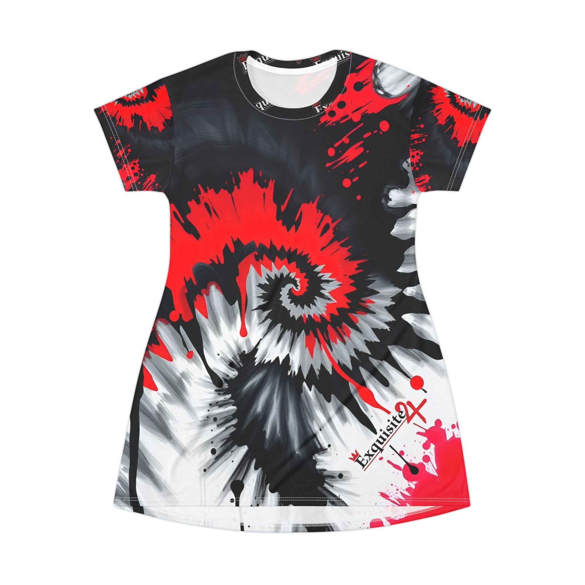 Red Black Tie-Dye Spiral T-Shirt Dress — Edgy Abstract Swirl Print