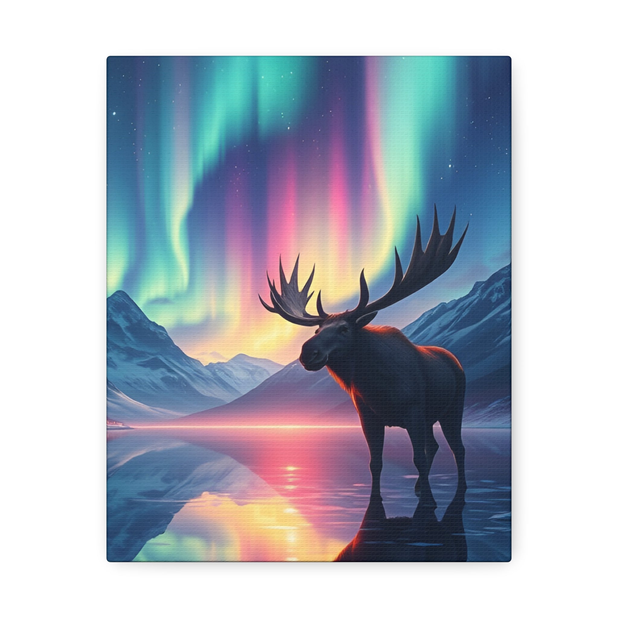 Aurora Moose Stretched Canvas – Northern Lights Landscape Wall Art