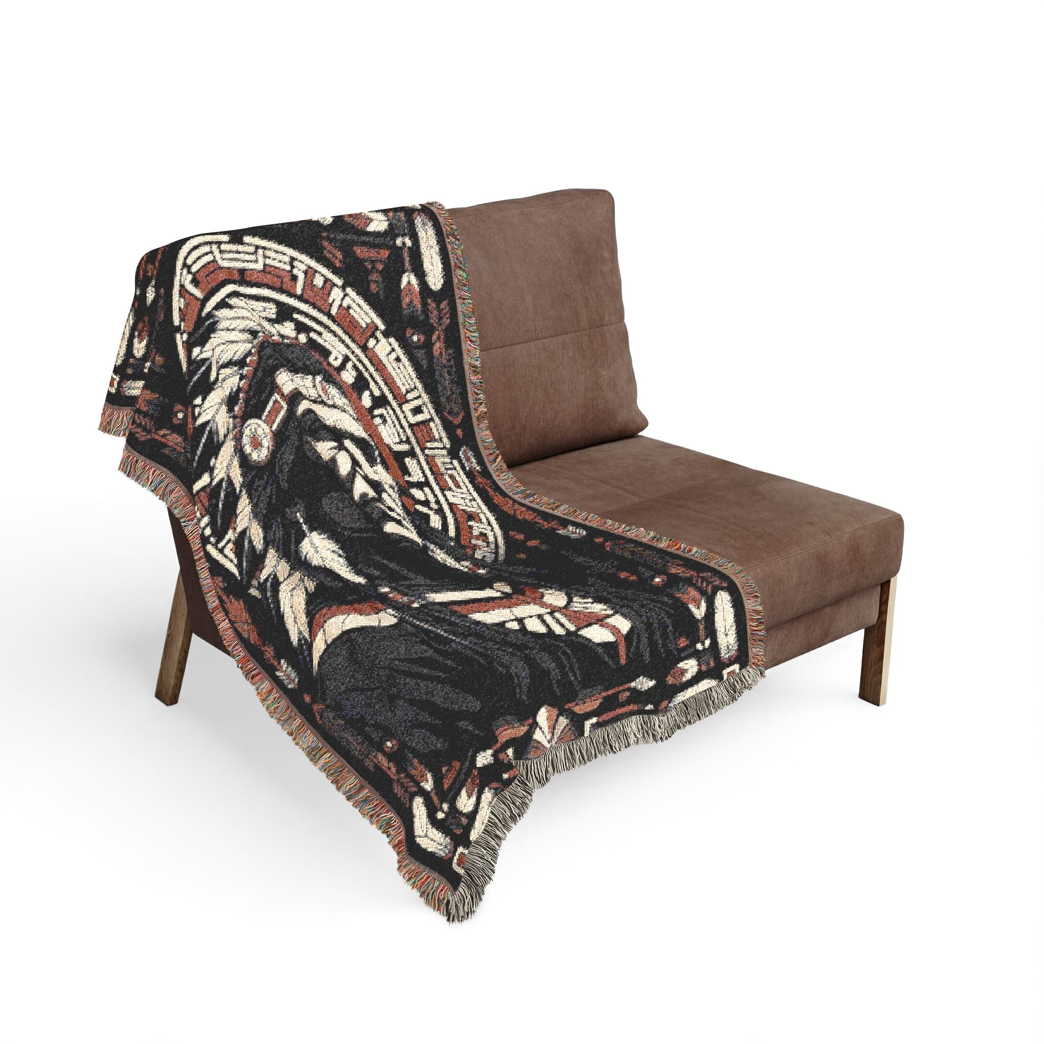 Native Chief Tapestry Blanket — Woven Tribal Headdress Throw