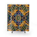 Bohemian Tile Shower Curtain — Golden Blue Moroccan Mandala Bath Decor