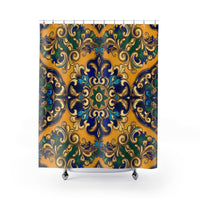 Bohemian Tile Shower Curtain — Golden Blue Moroccan Mandala Bath Decor