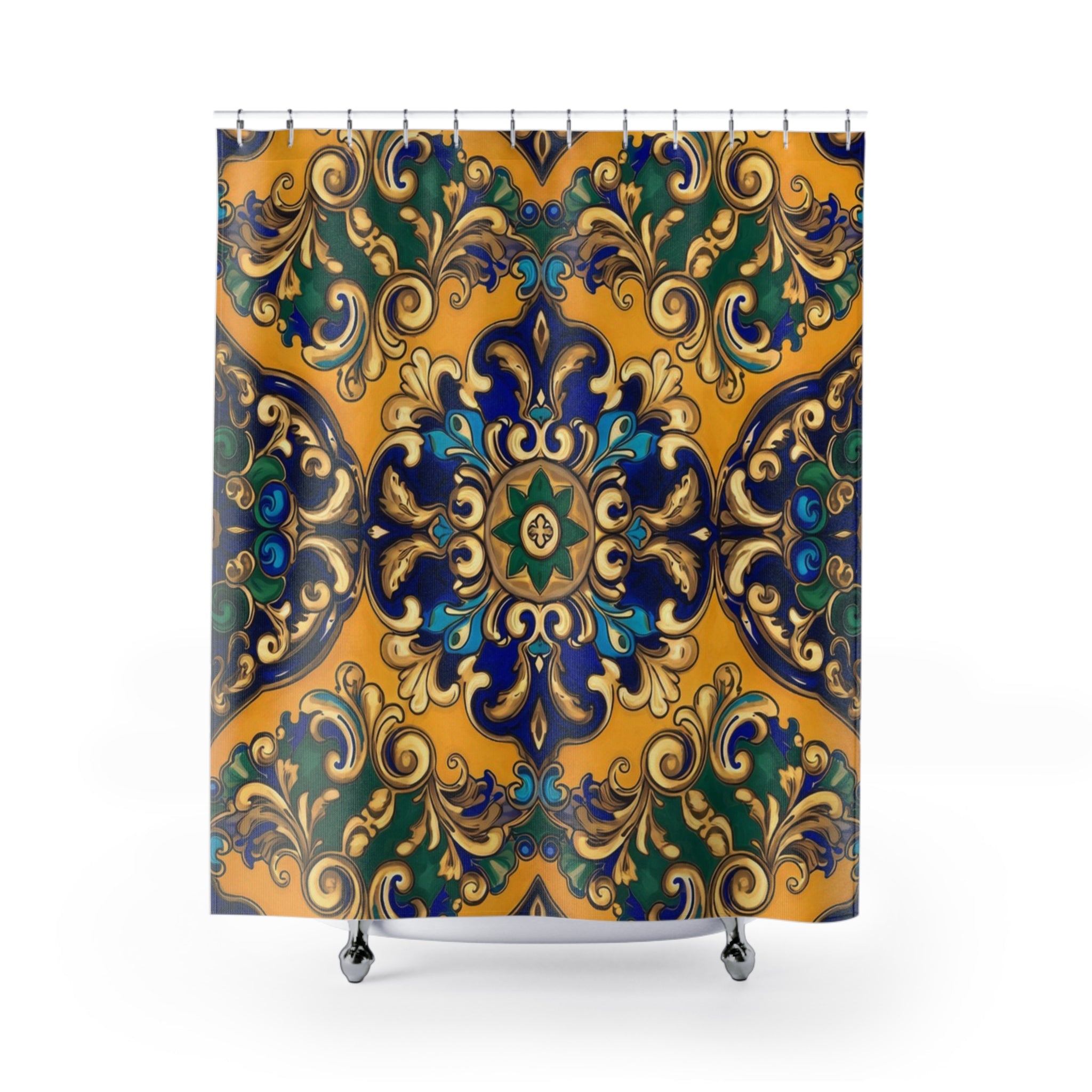 Bohemian Tile Shower Curtain — Golden Blue Moroccan Mandala Bath Decor